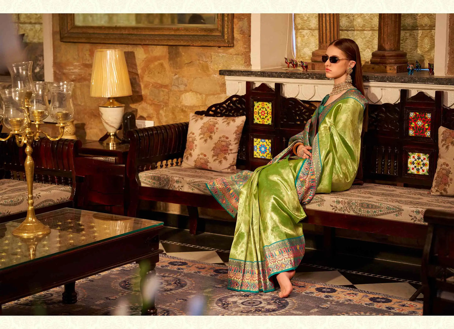 Green Tissue Silk Saree with Designer Contrast Border
