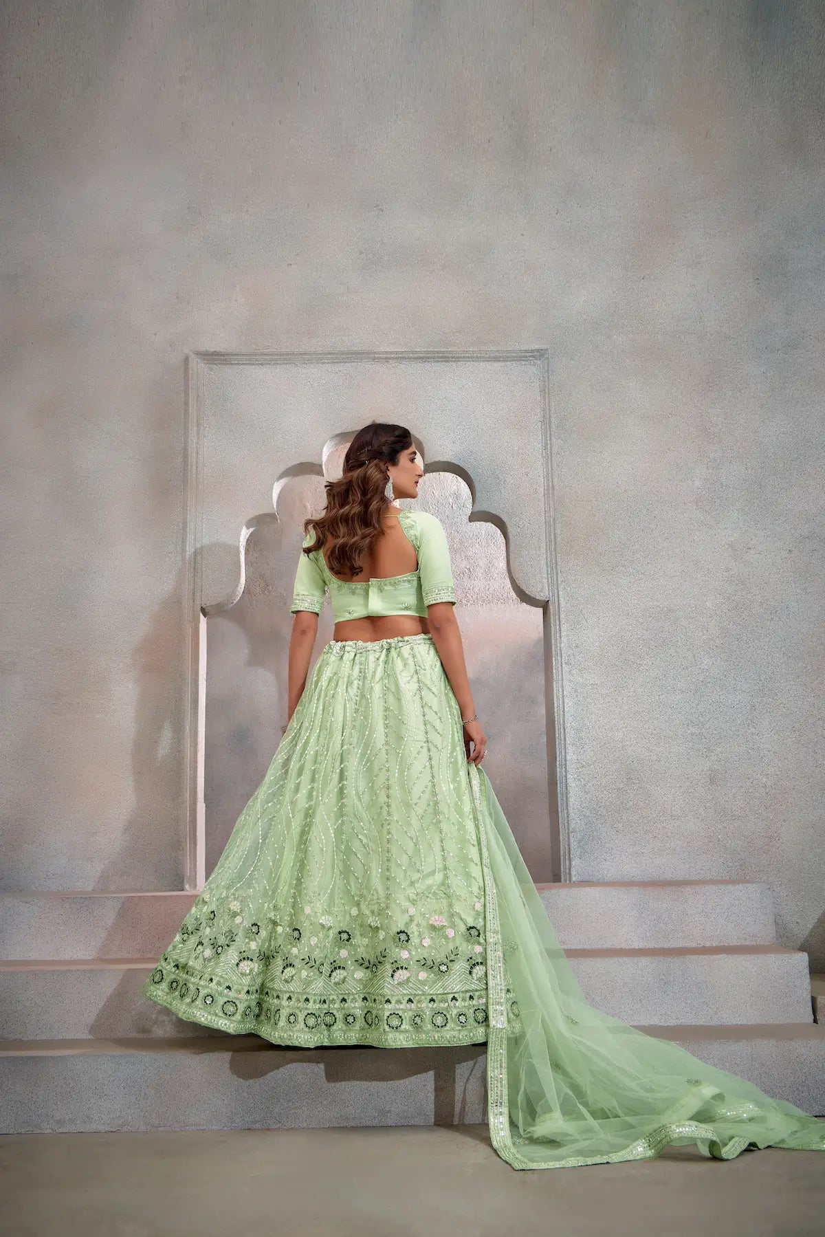 Mint Green Net Lehenga Choli With Thread & Sequence Embroidery Work