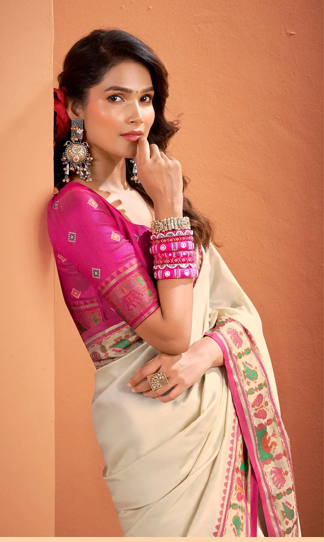 White Silk Patola Weaving Saree with Attractive Border