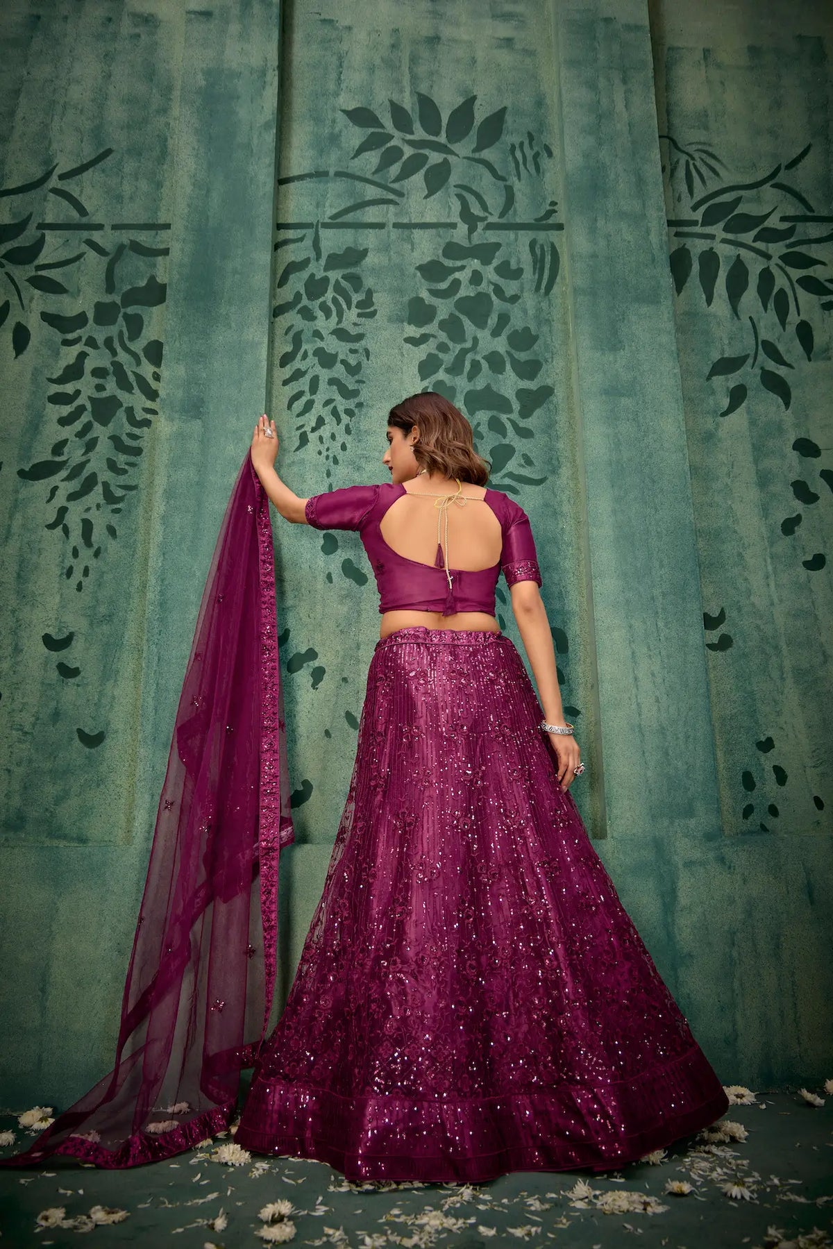 Wine Net Lehenga Choli With Thread & Sequence Embroidery Work
