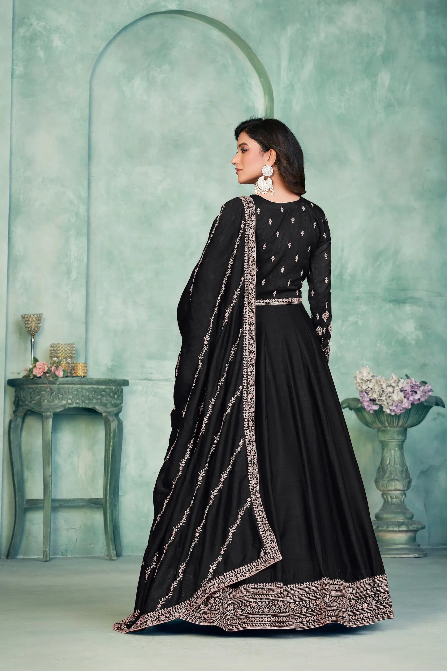 Black Art Silk Gown With Zari & Thread Embroidery Work