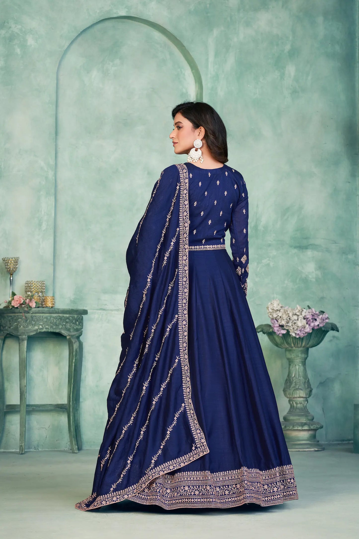 Blue Art Silk Gown With Zari & Thread Embroidery Work