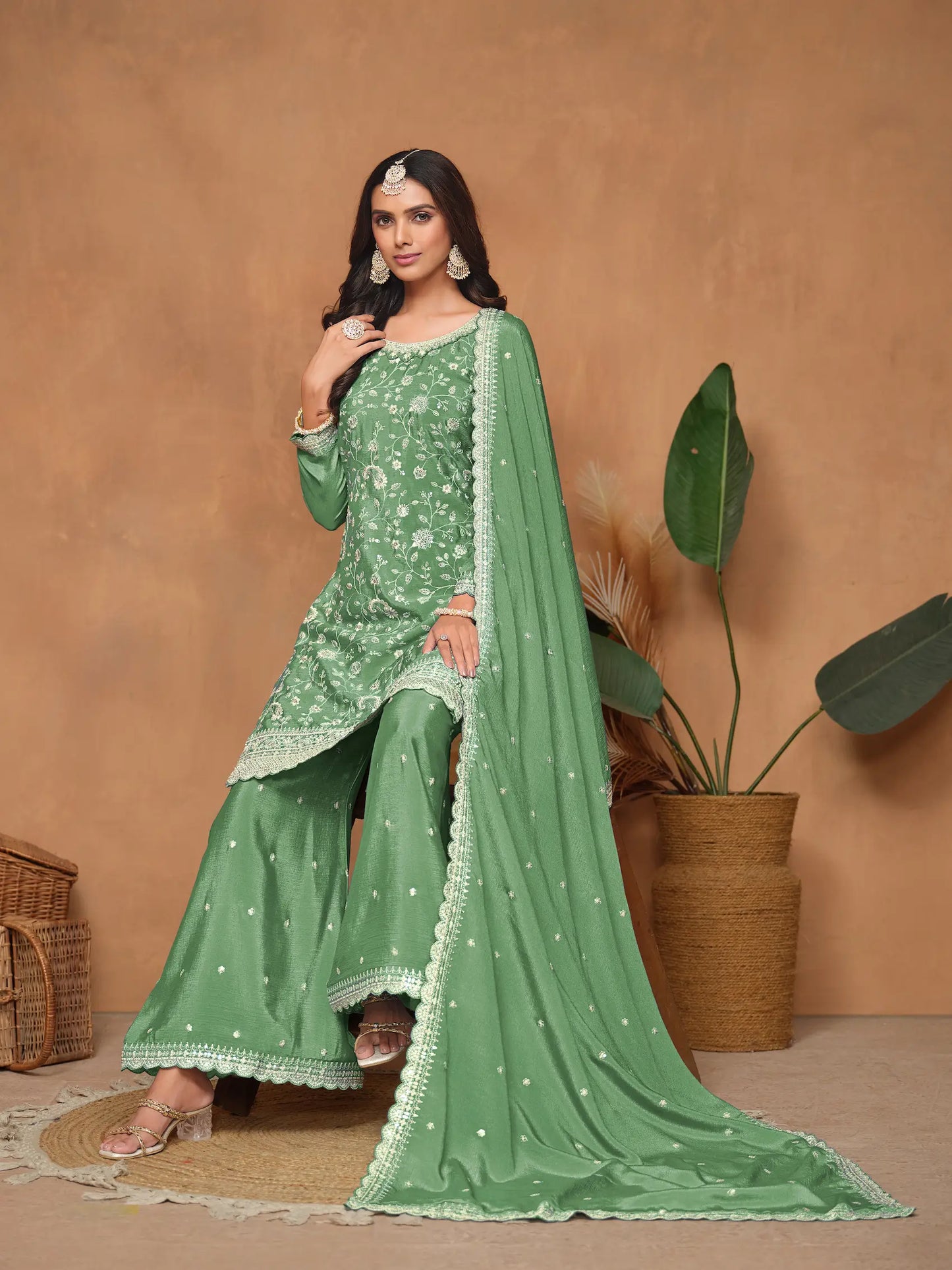 Pista Green Chinon Thread & Sequins Embroidery Palazzo Suit