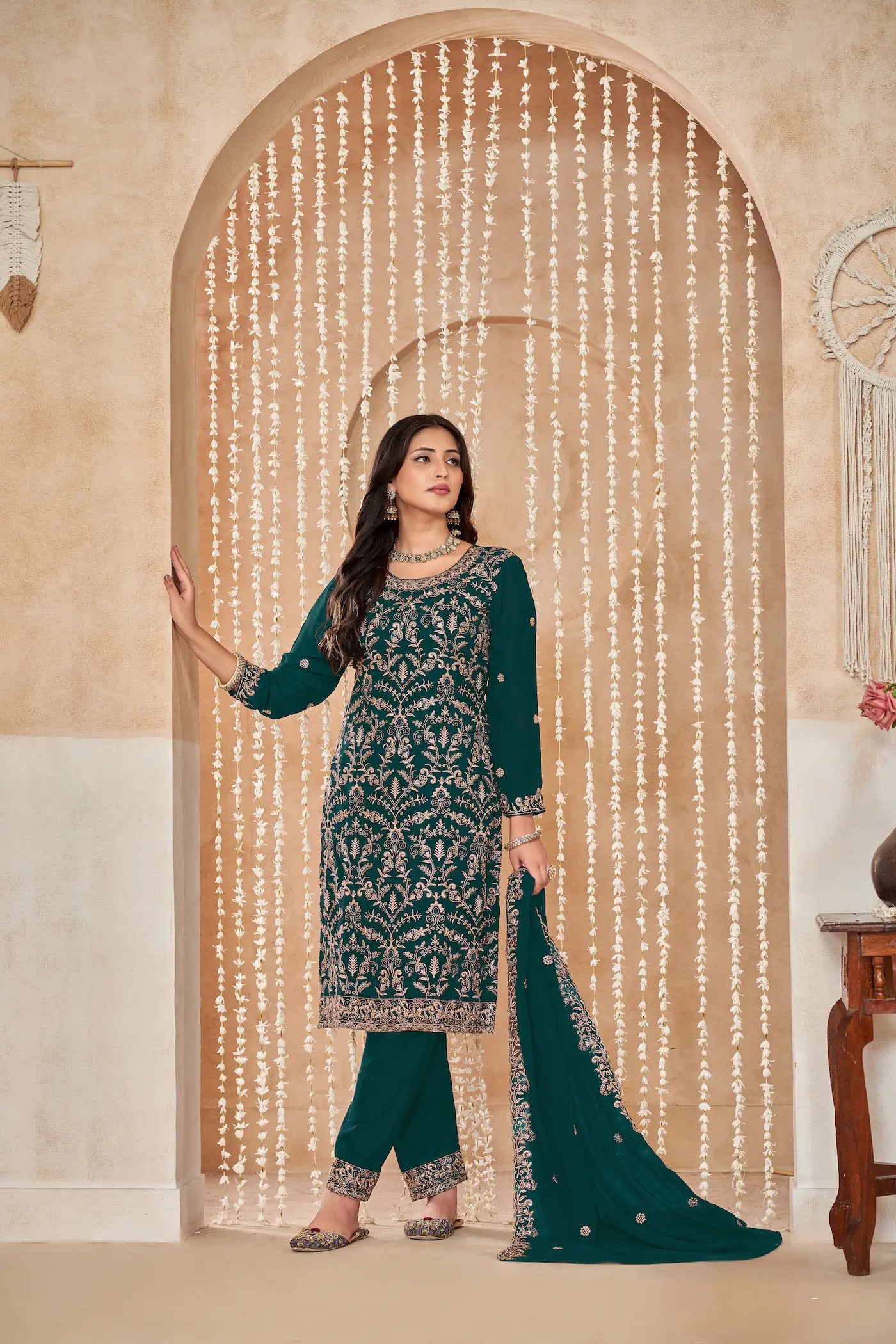 Dark Green Georgette Thread & Sequence Embroidery Work Palazzo Suit