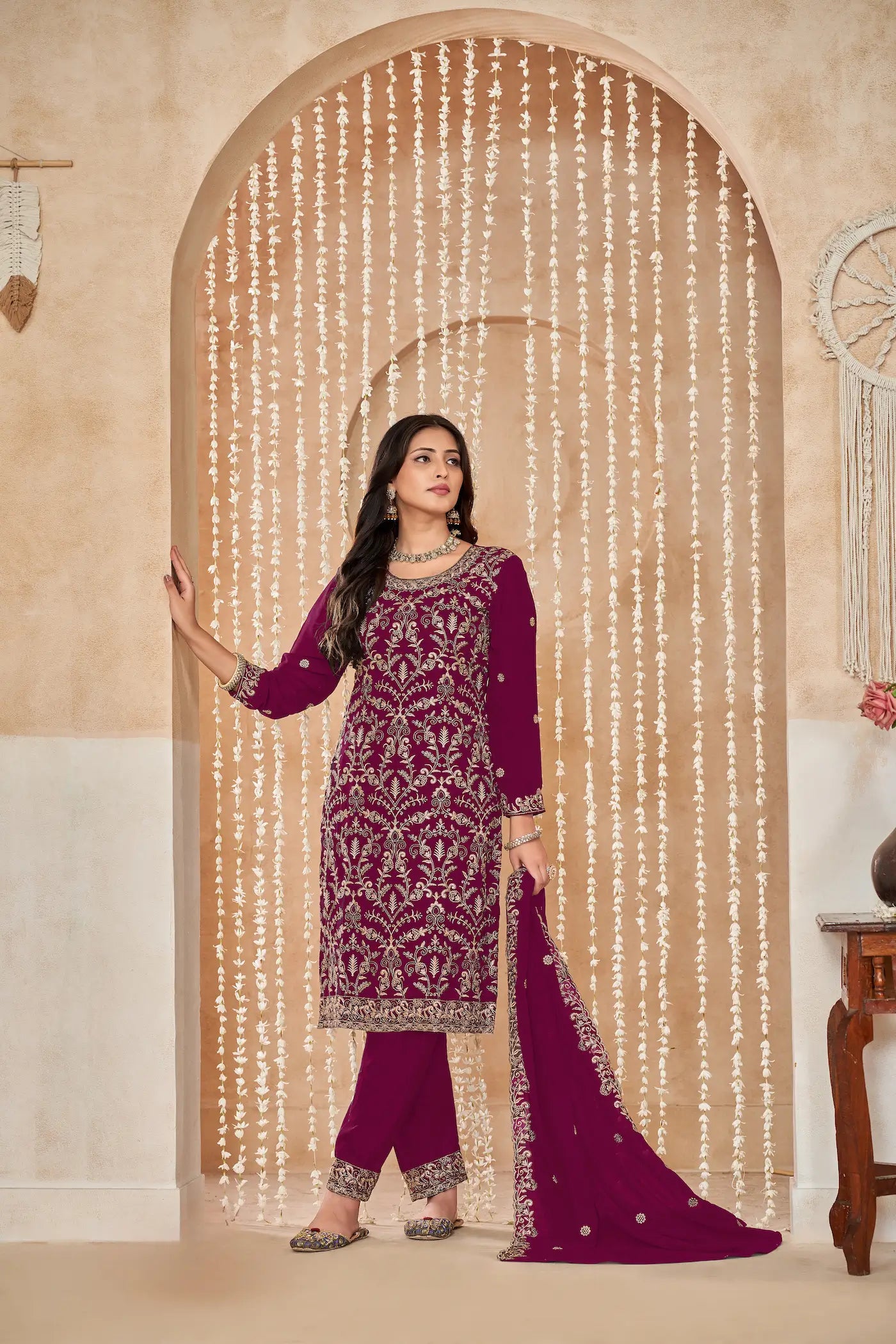 Pink Georgette Thread & Sequence Embroidery Work Palazzo Suit