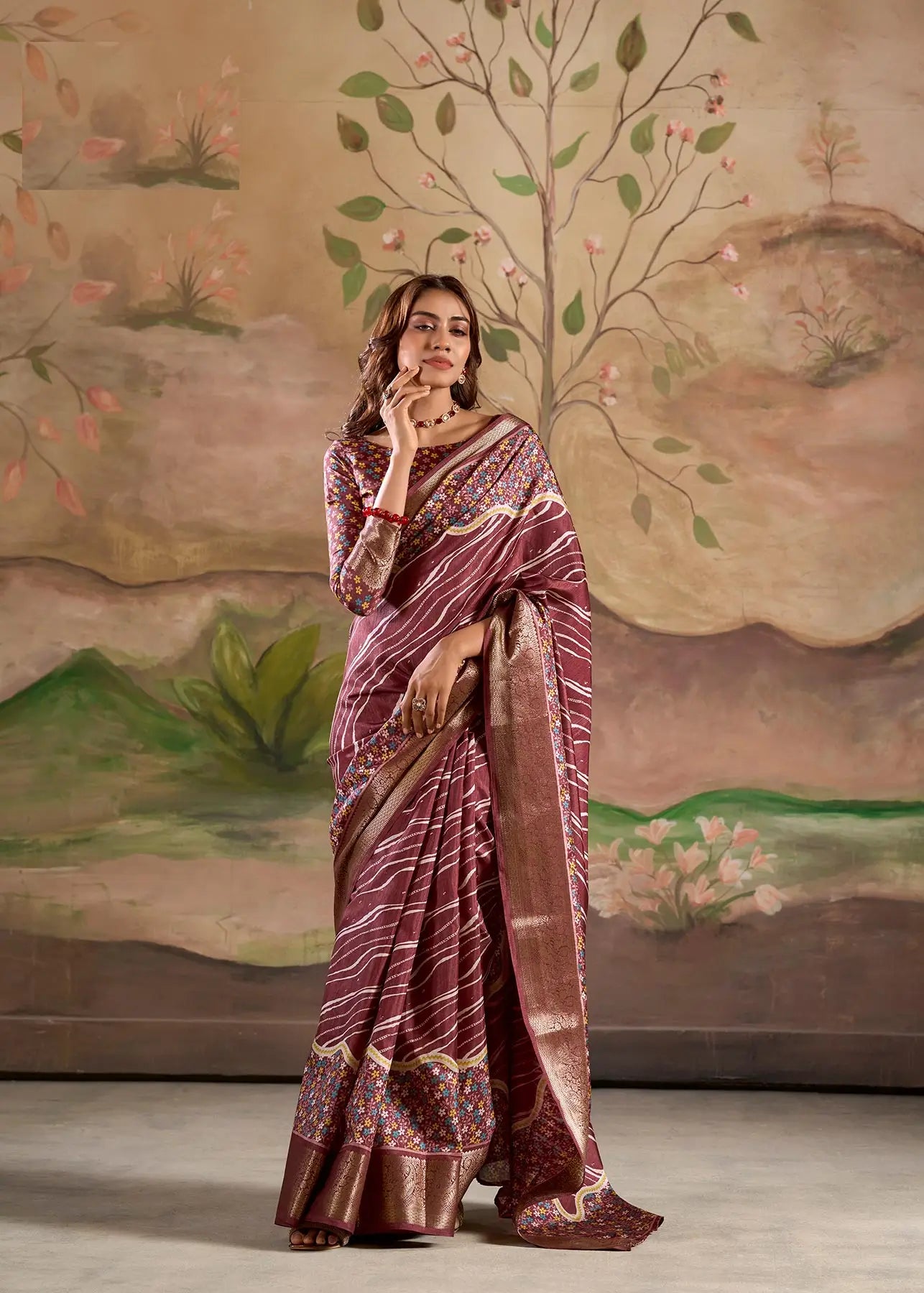 Wine Dola Silk Printed Saree With Zari Border