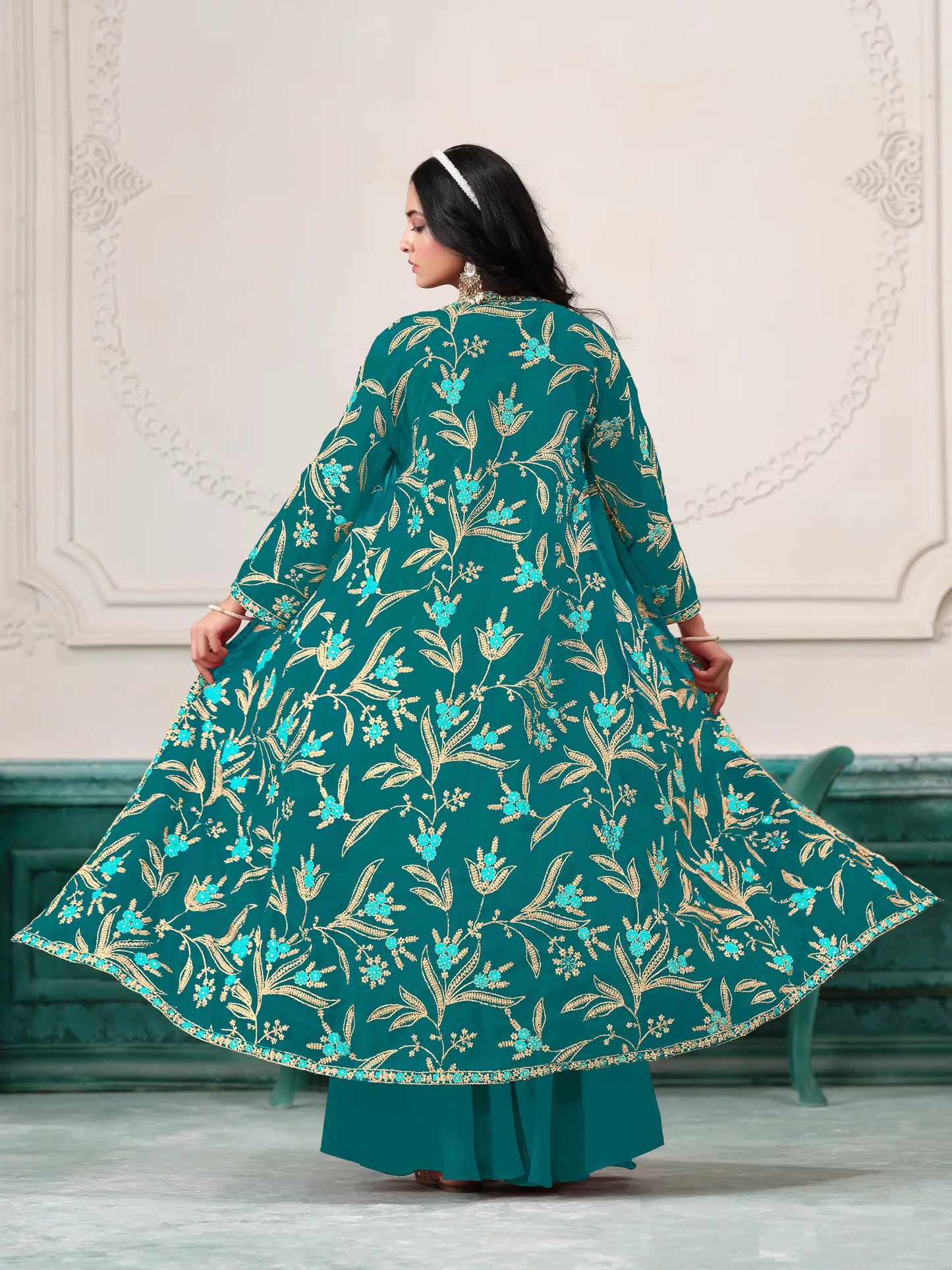 Blue Georgette Indo Western Set With Thread & Sequins Embroidery Work