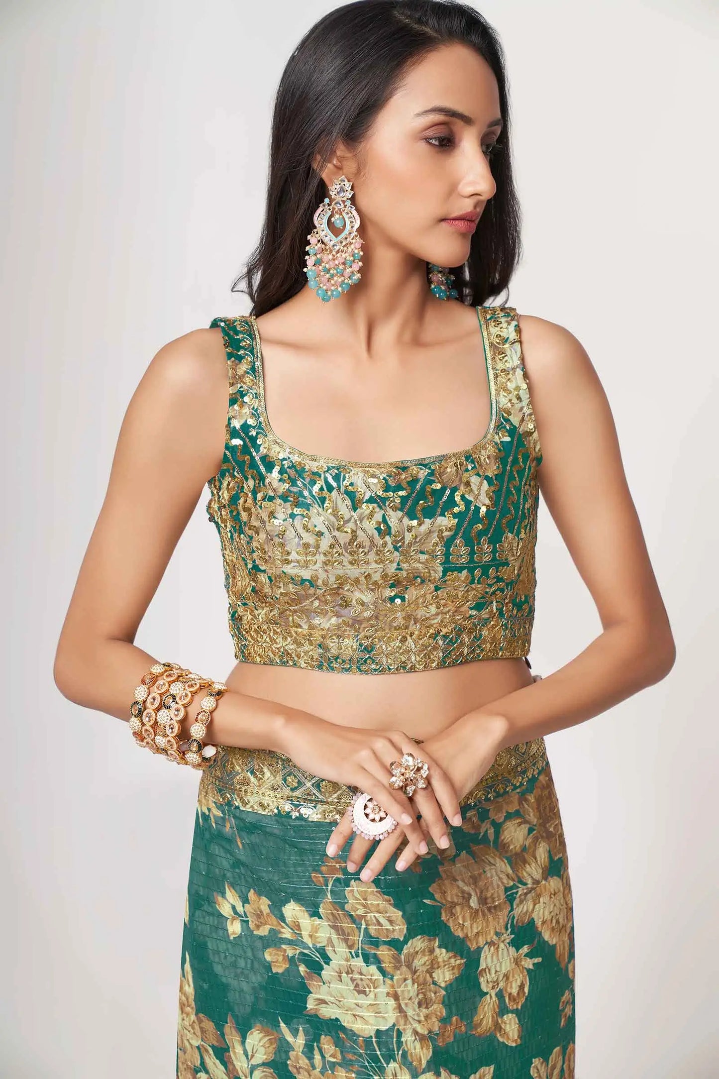 Teal Blue Floral Print Organza Saree With Sequins Work