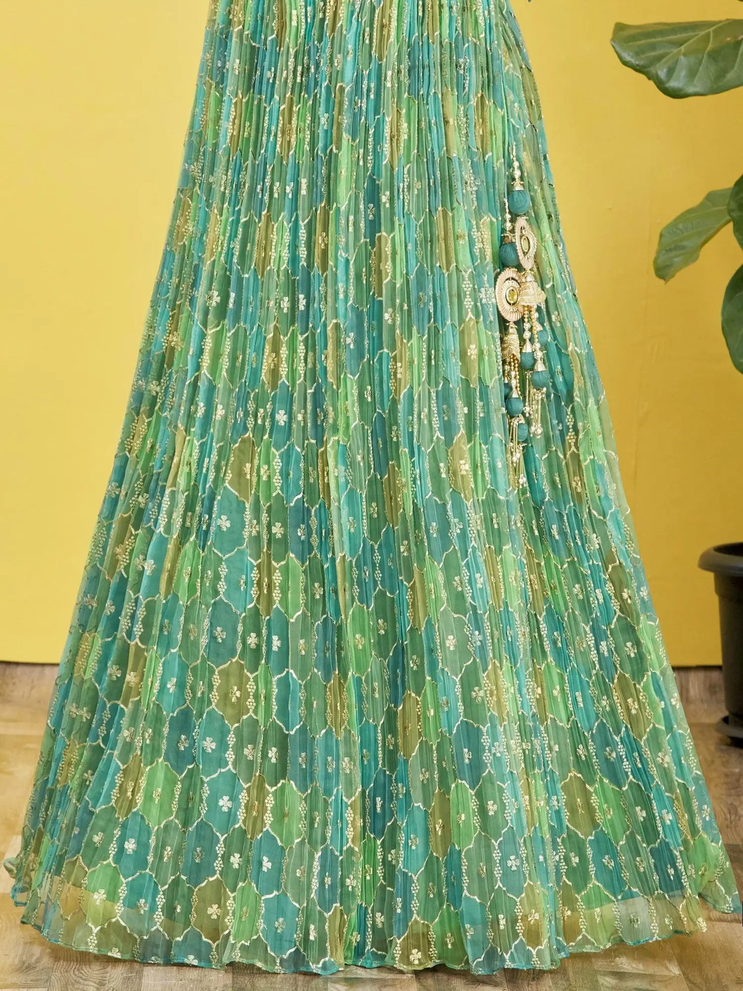 Pistachio Green Embroidered Choli With Digital Print Lehenga And Net Dupatta