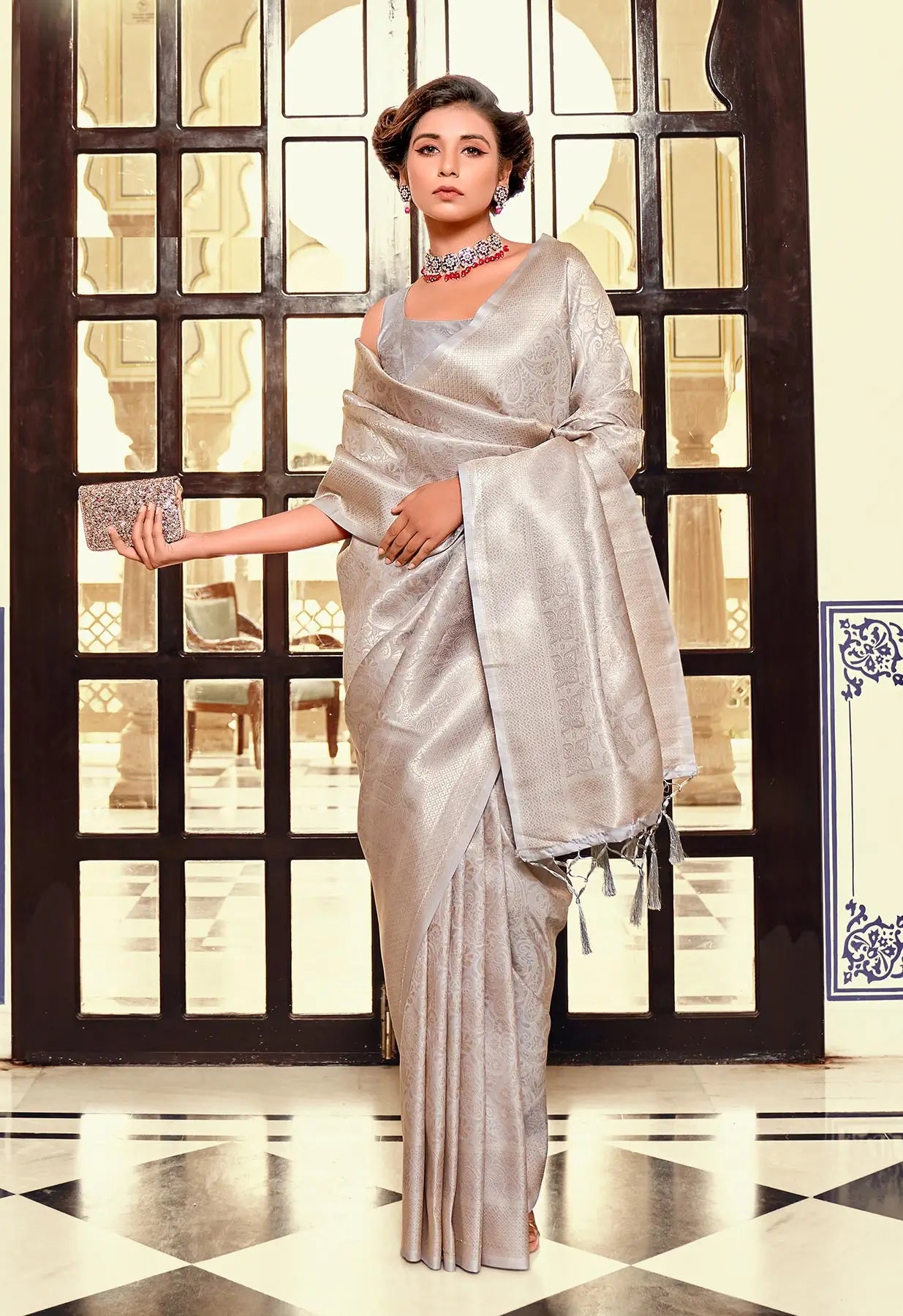 Grey Soft Kanchivaram Silk Saree with Zari weaving