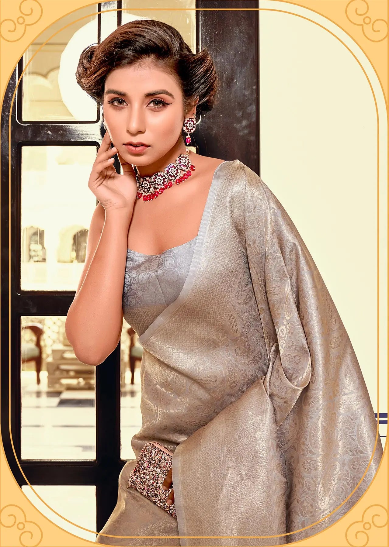 Grey Soft Kanchivaram Silk Saree with Zari weaving