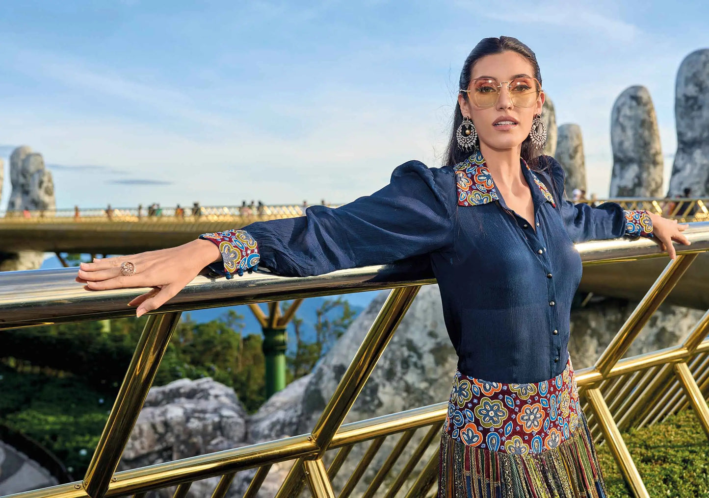 Designer Blue With multi Color Print Stylish Shirt And Skirt Indo Western