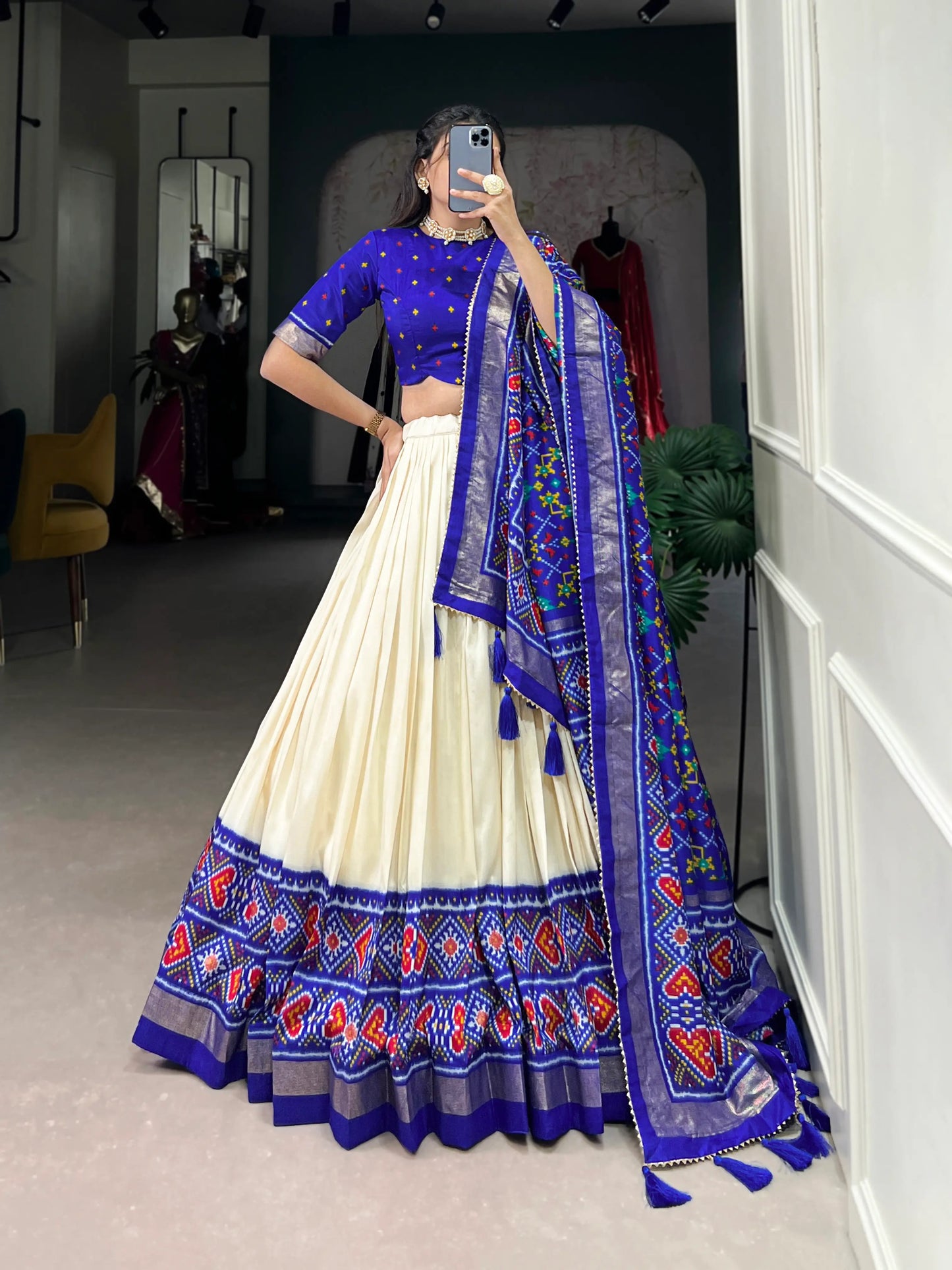 Royal Blue Tussar Silk Patola Printed Lehenga Choli