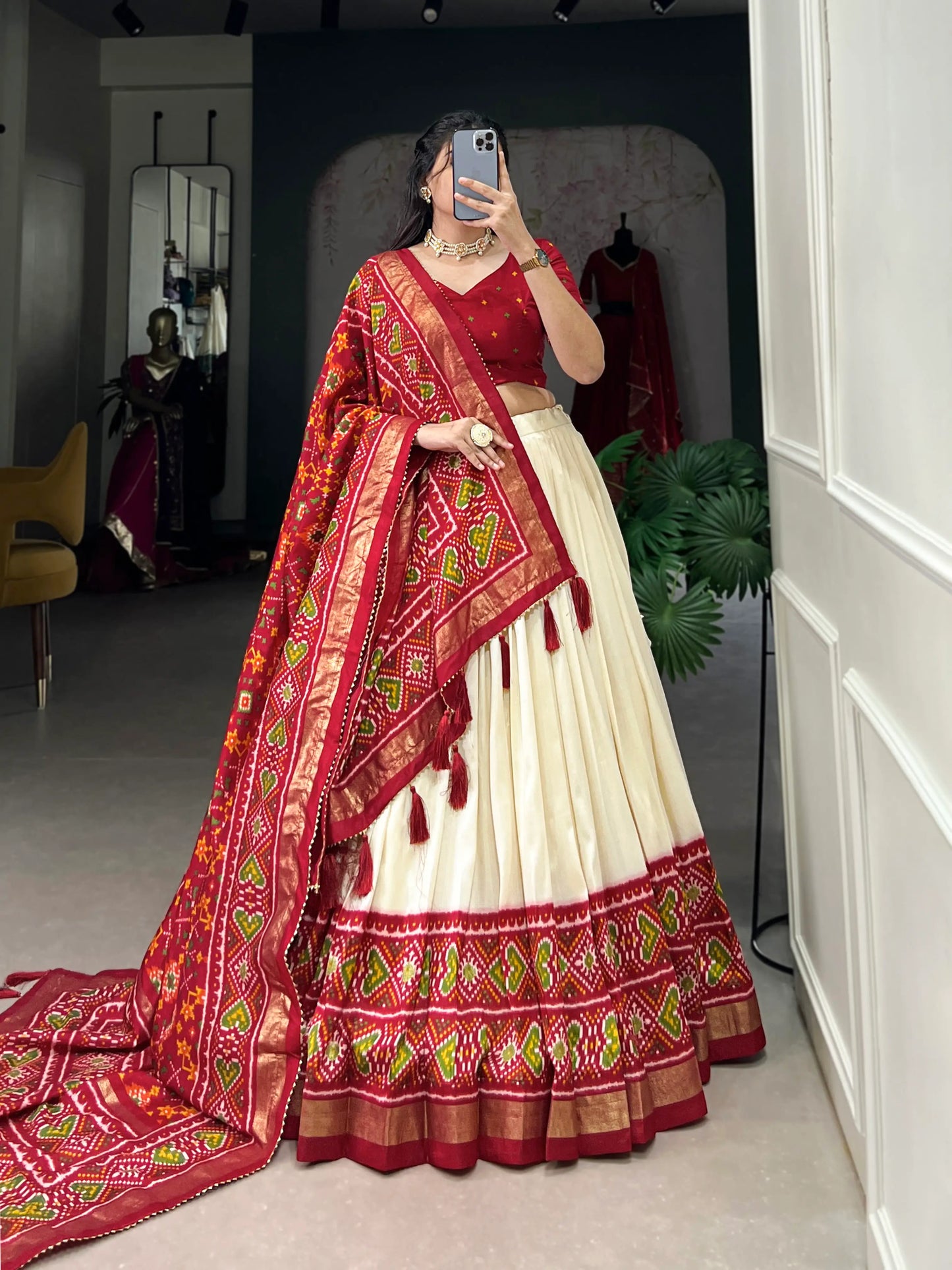 Red Tussar Silk Patola Printed Lehenga Choli