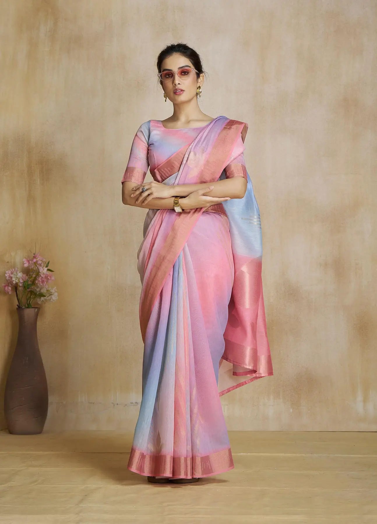 Multi Color Art Silk Saree with Zari Border & Digital Print