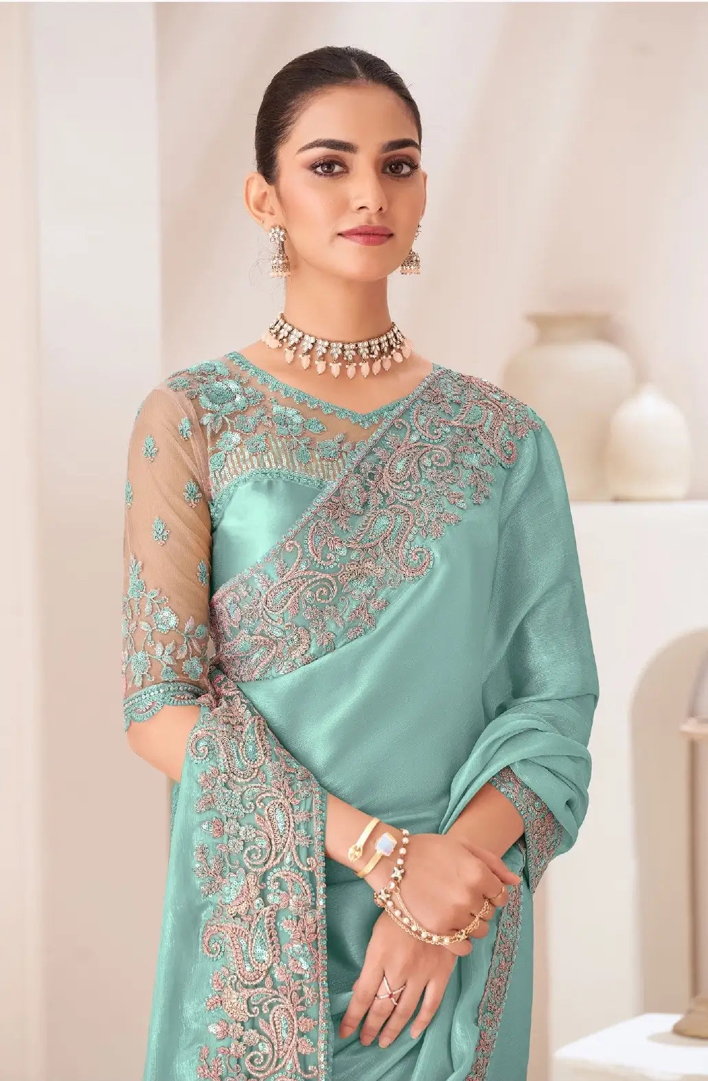 Turquoise Green Satin Chiffon Party Wear Saree With Sequence & Thread Embroidery Work