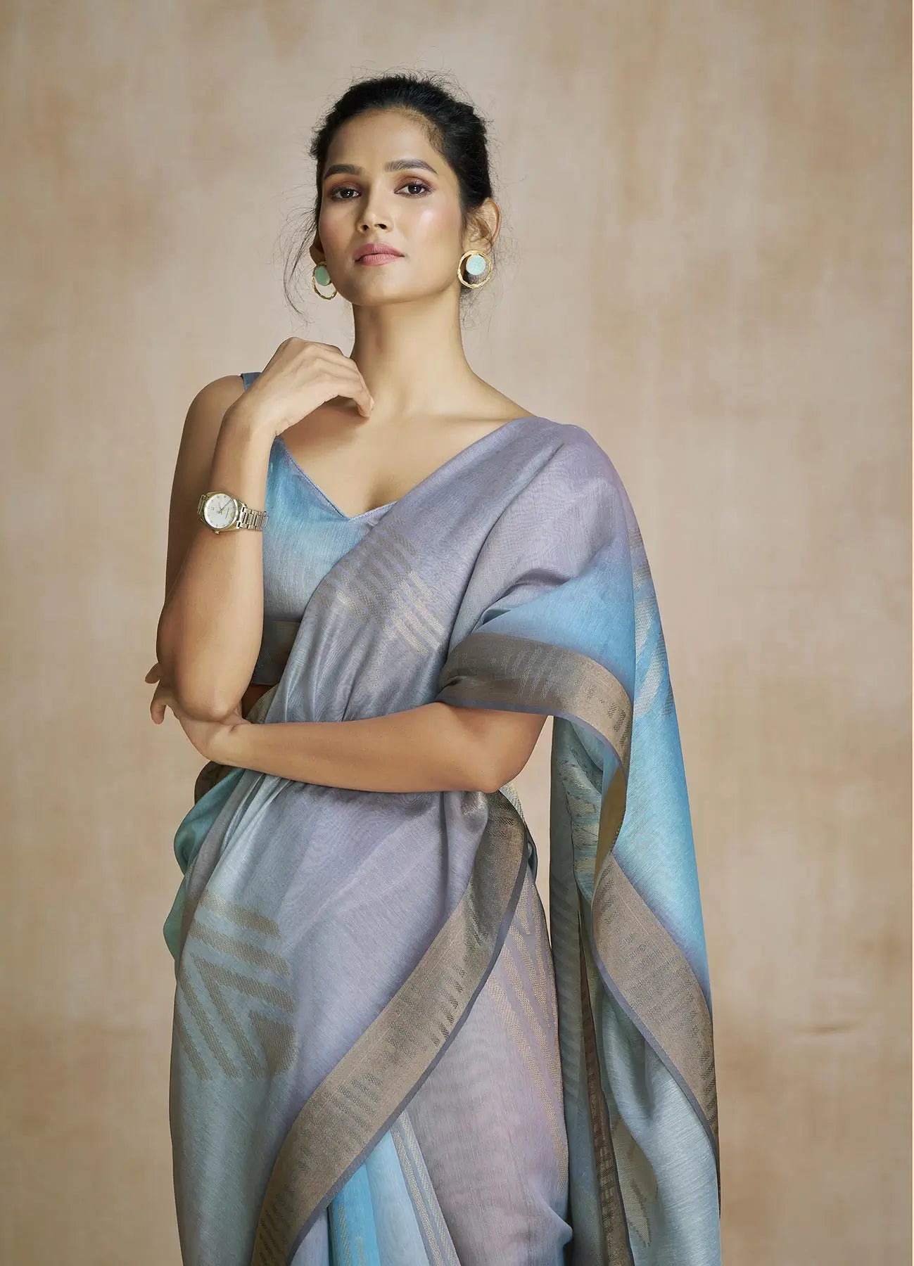 Multi Color Art Silk Saree with Zari Border & Digital Print