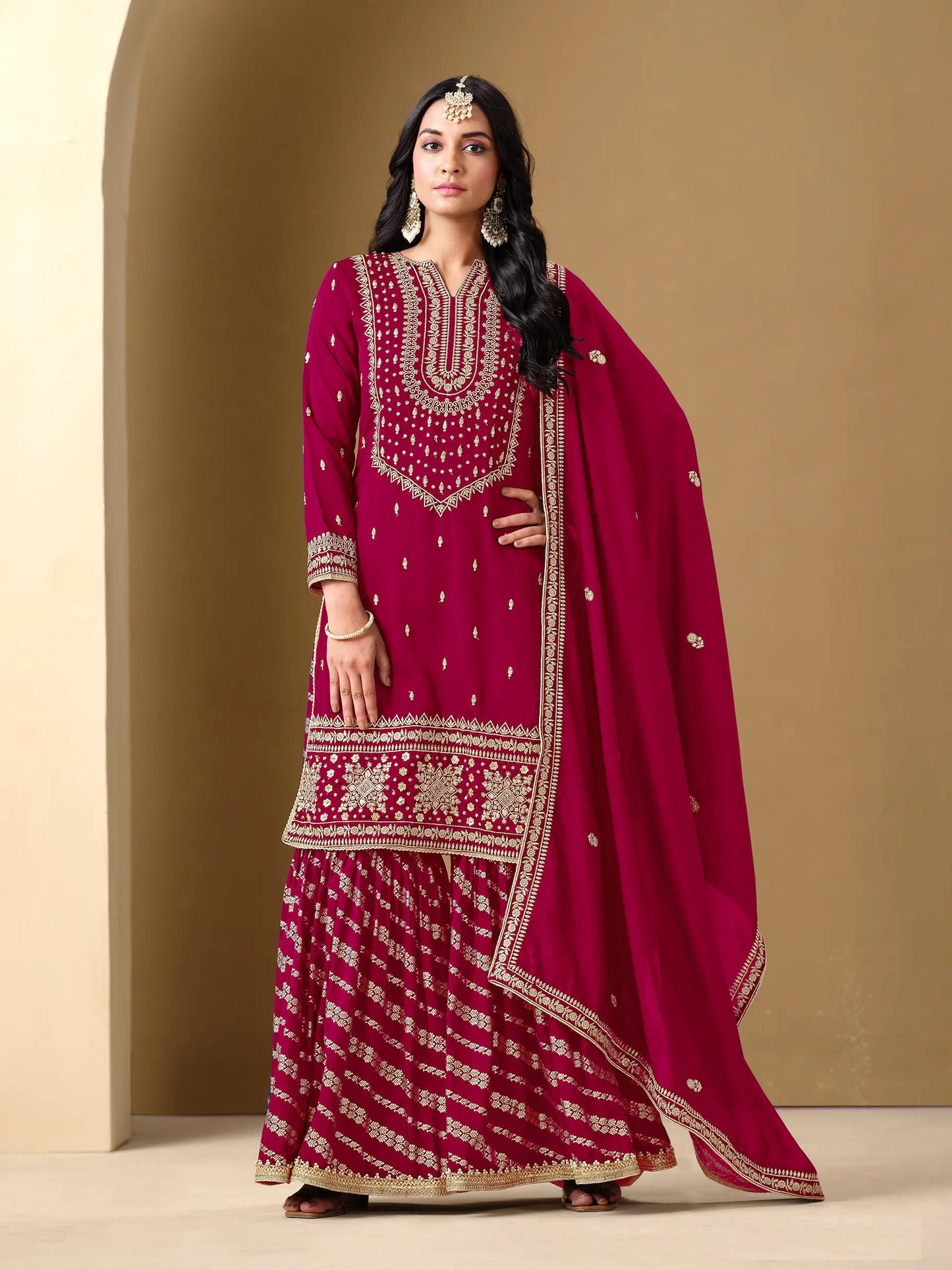 Dark Red Art Silk Sharara Suit With Thread & Sequins Embroidery Work