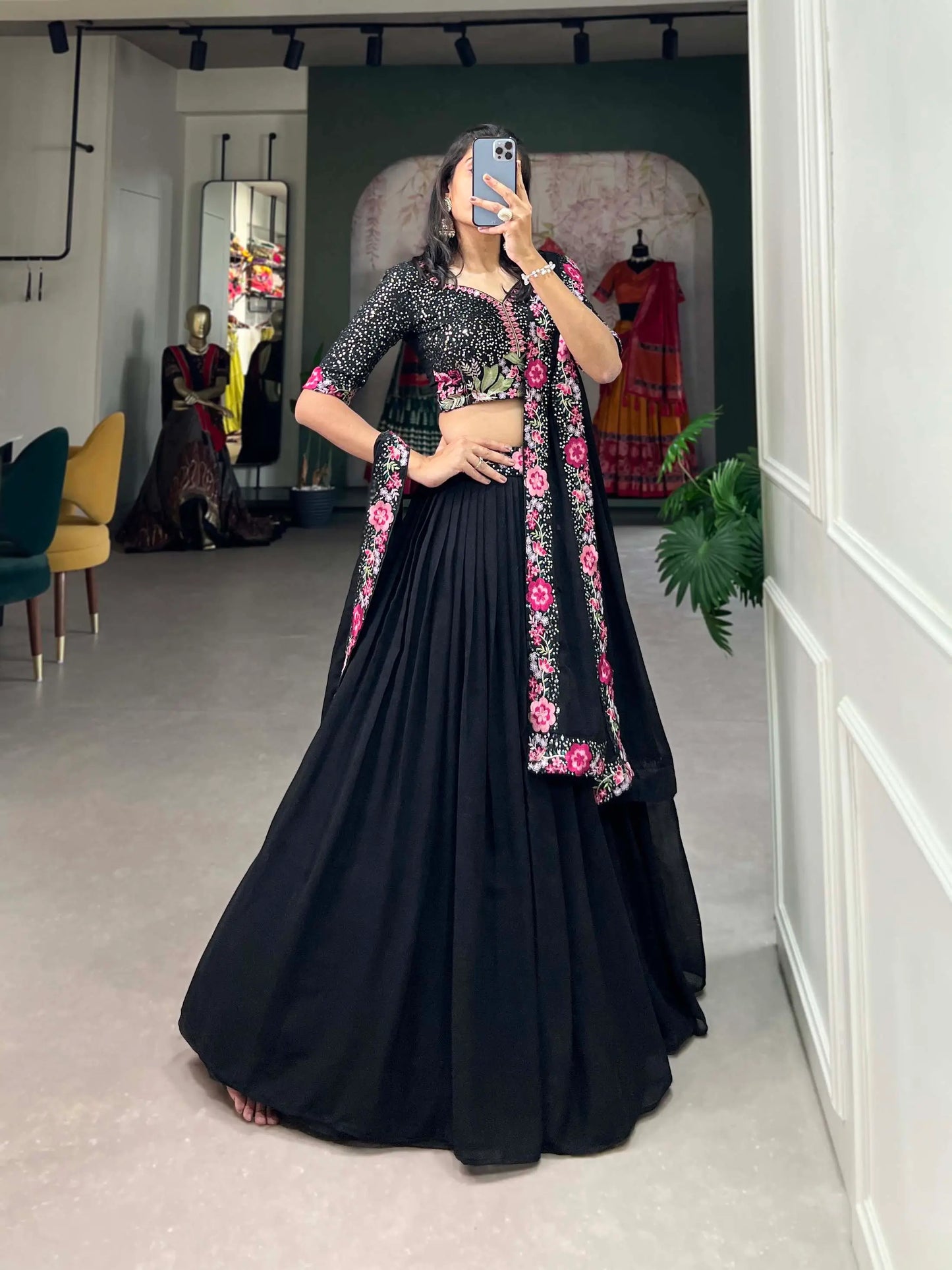 Black Georgette Sequence & Thread Embroidery Lehenga Choli