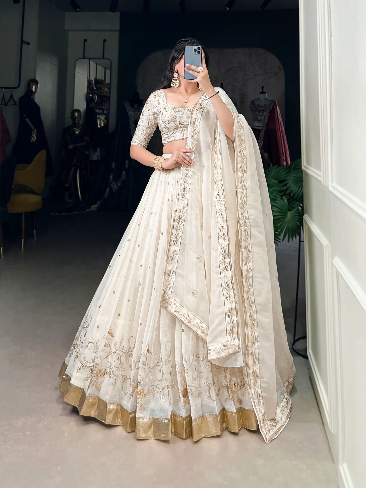 Off White Glossy Silk Lehenga Choli Sequins and Thread Embroidery Work With Foil Work