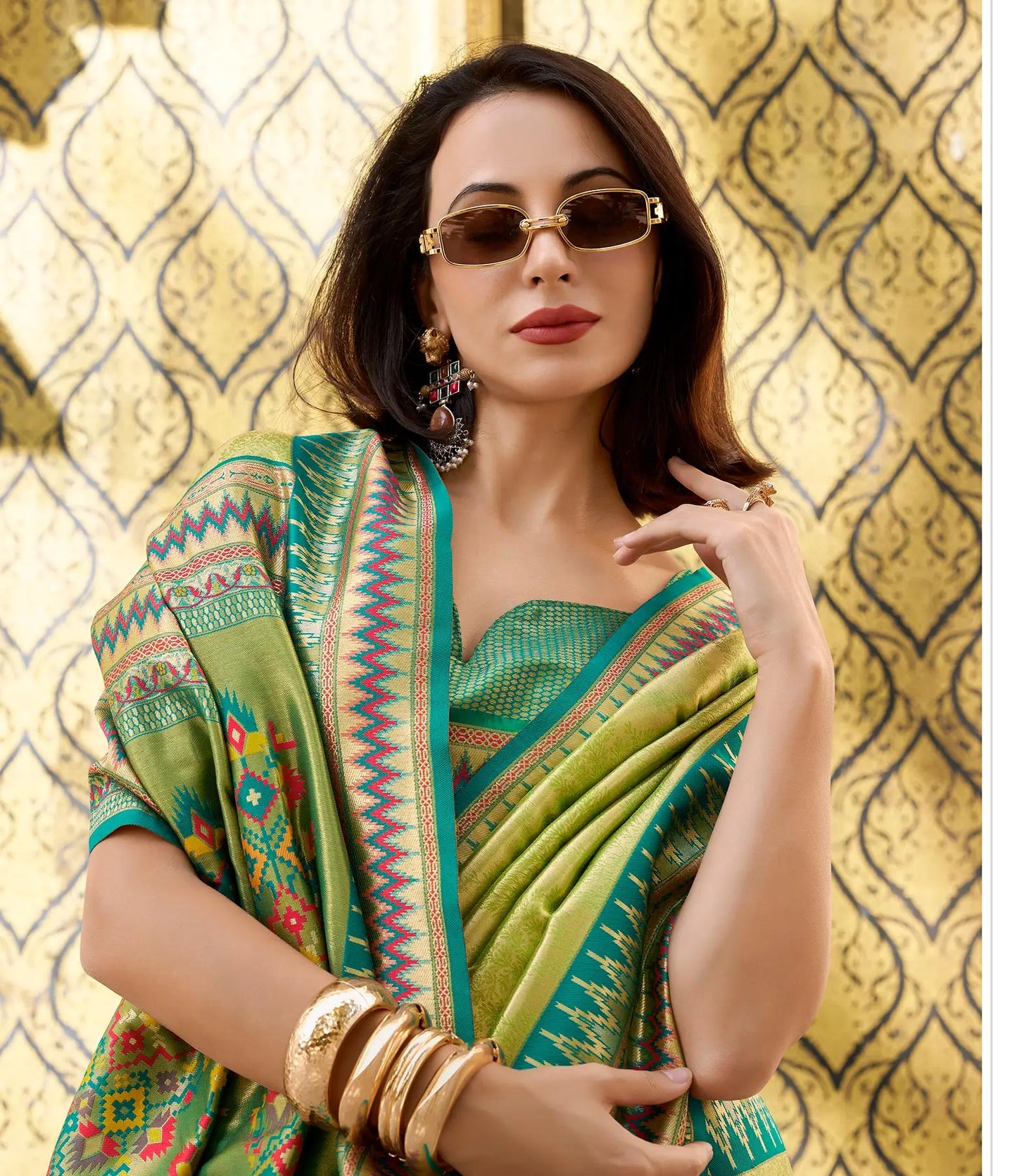 Green Tissue Silk Saree with Zari Weaving & Contrast Border