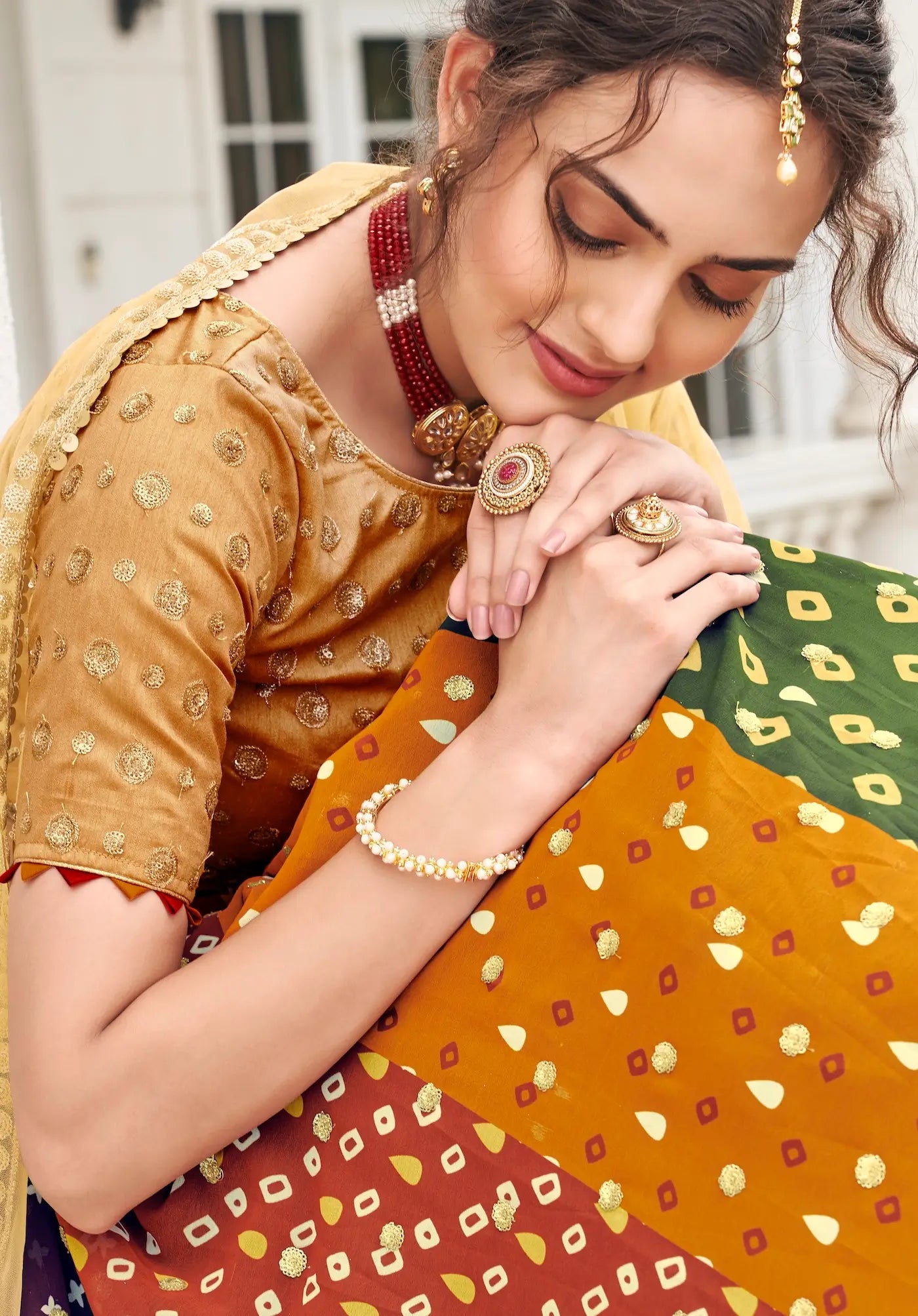 Beige-Multicolor Georgette Lehenga Choli With Digital Print & Embroidery Work