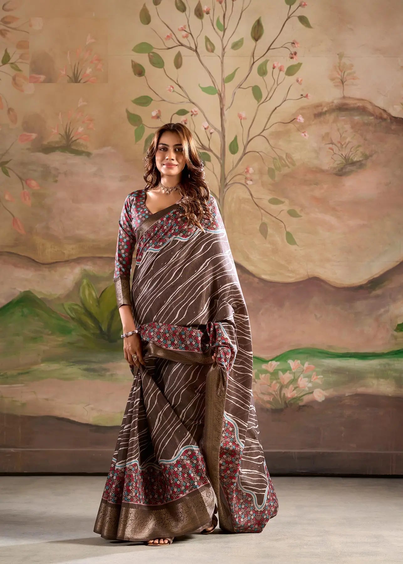 Brown Dola Silk Printed Saree With Zari Border