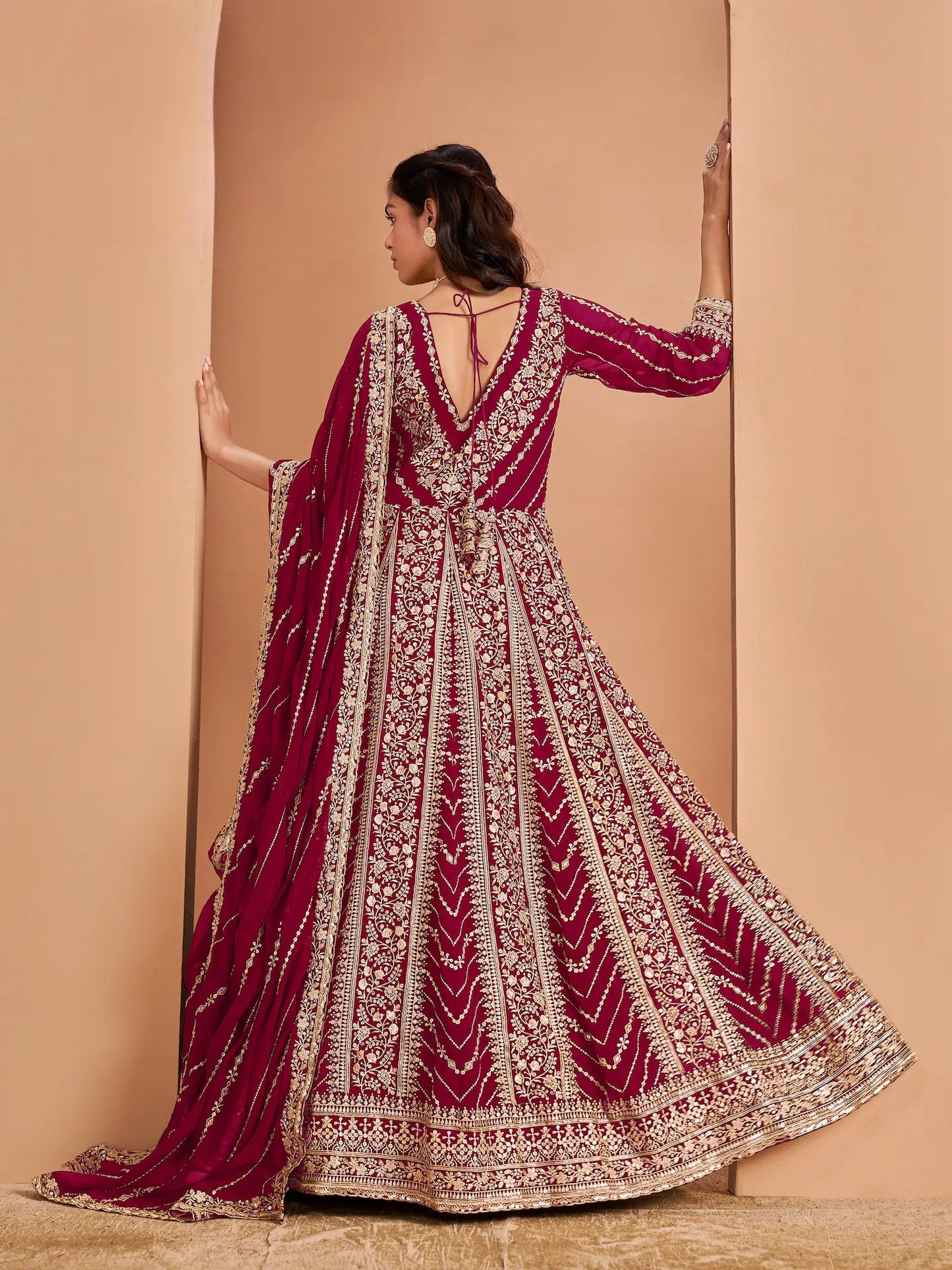 Dark Pink Georgette Gown With Sequence & Thread Embroidery Work