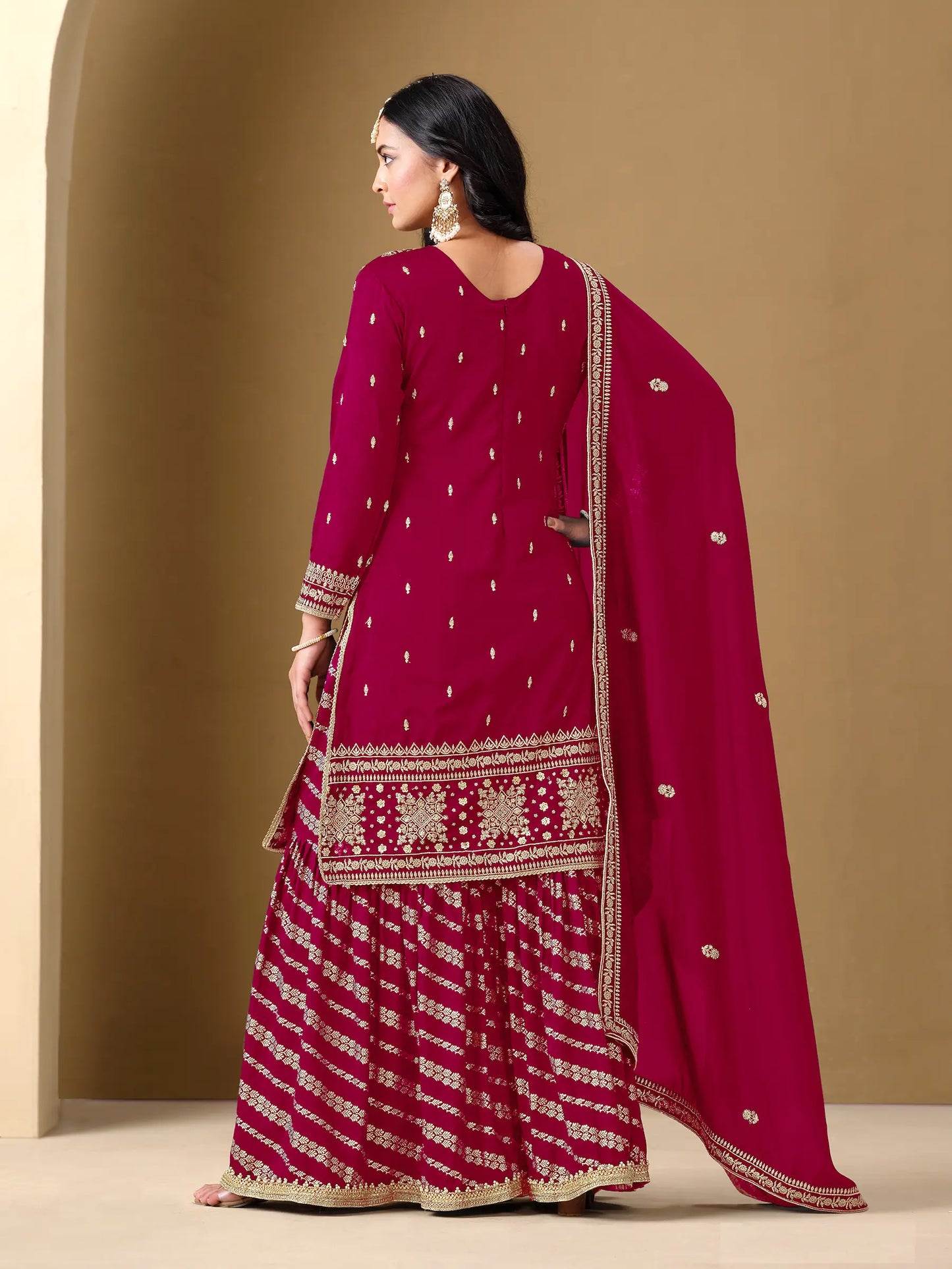 Dark Red Art Silk Sharara Suit With Thread & Sequins Embroidery Work