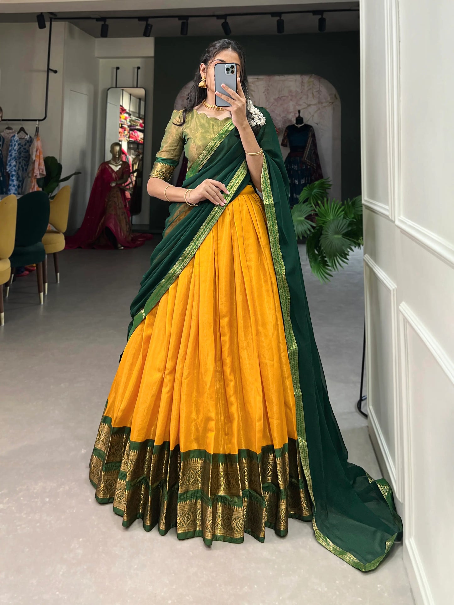 Yellow Kanchipuram Zari Weaving Work Lehenga Choli