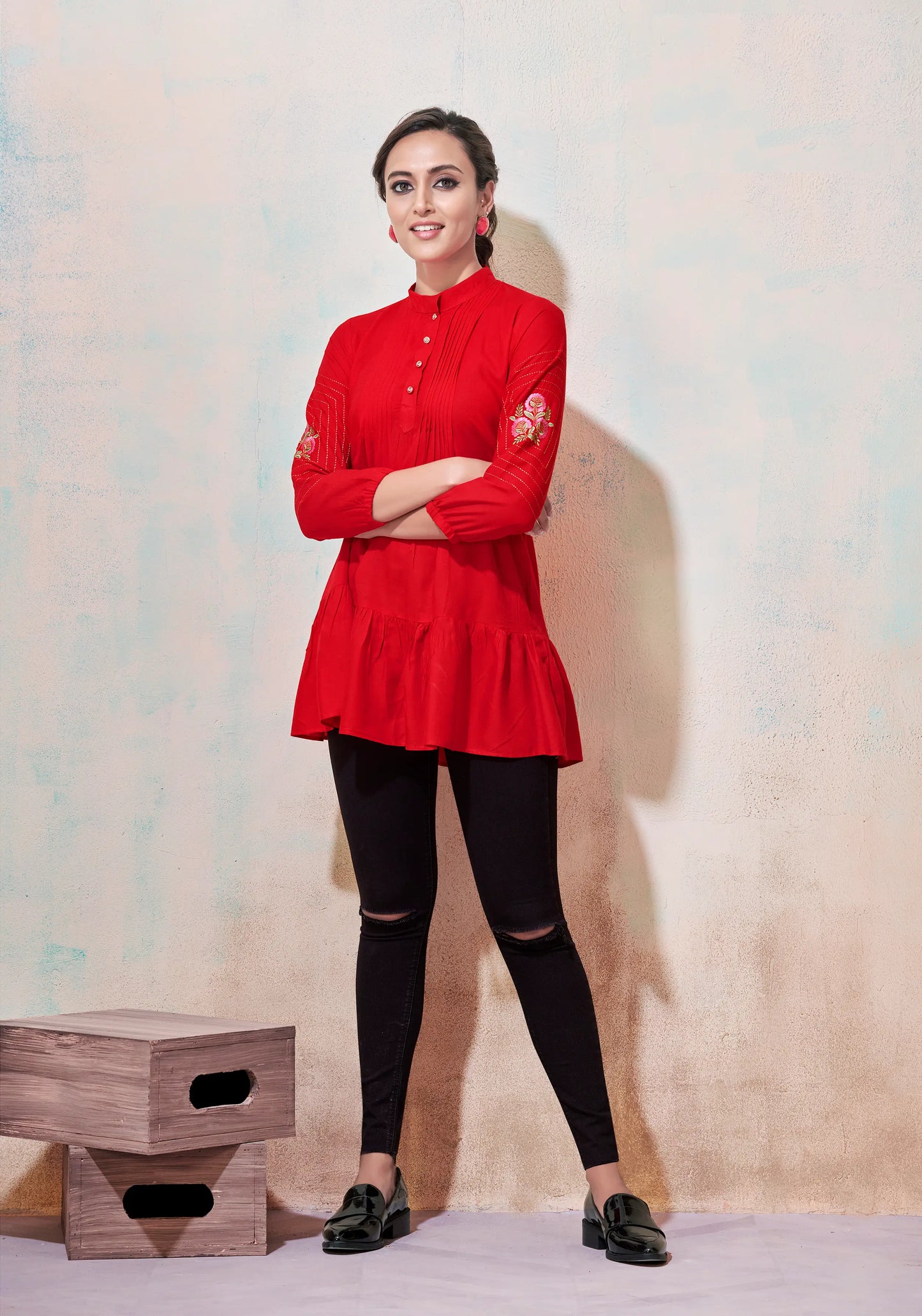 Red Rayon Short Kurti With Embroidery Work