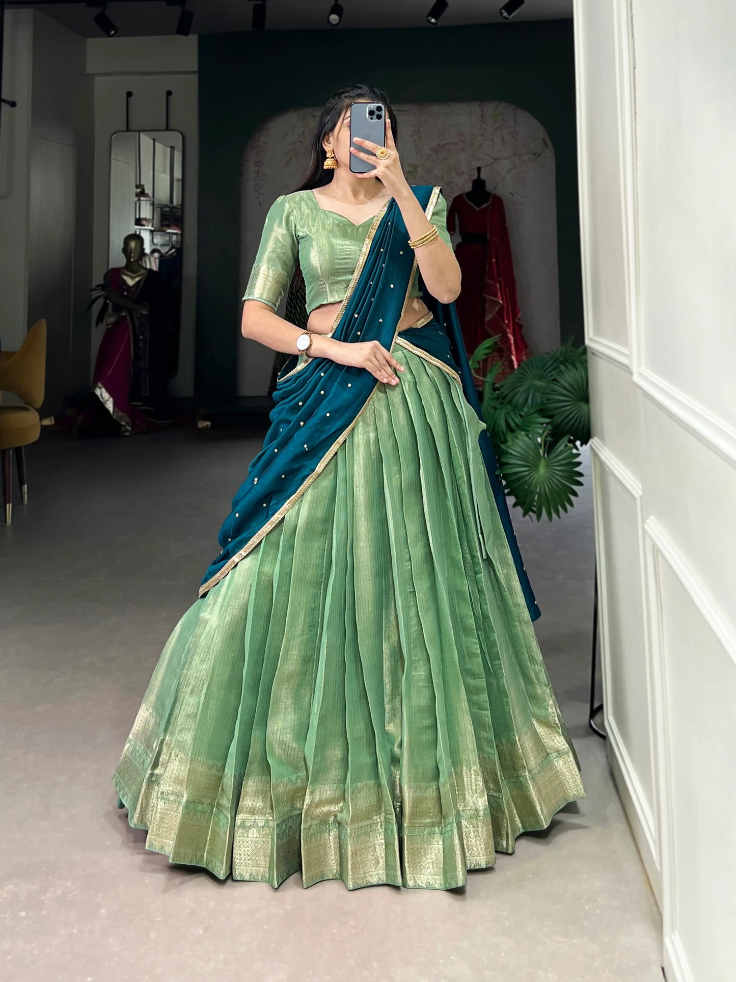 Sea Green Kanchipuram Zari Weaving Work Lehenga Choli