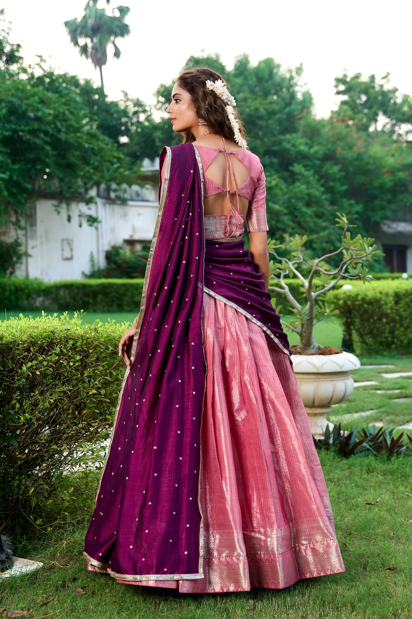 Salmon Pink Kanchipuram Zari Weaving Work Lehenga Choli