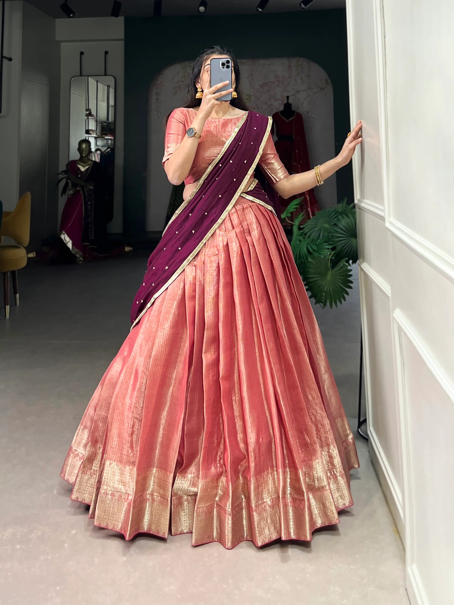 Salmon Pink Kanchipuram Zari Weaving Work Lehenga Choli