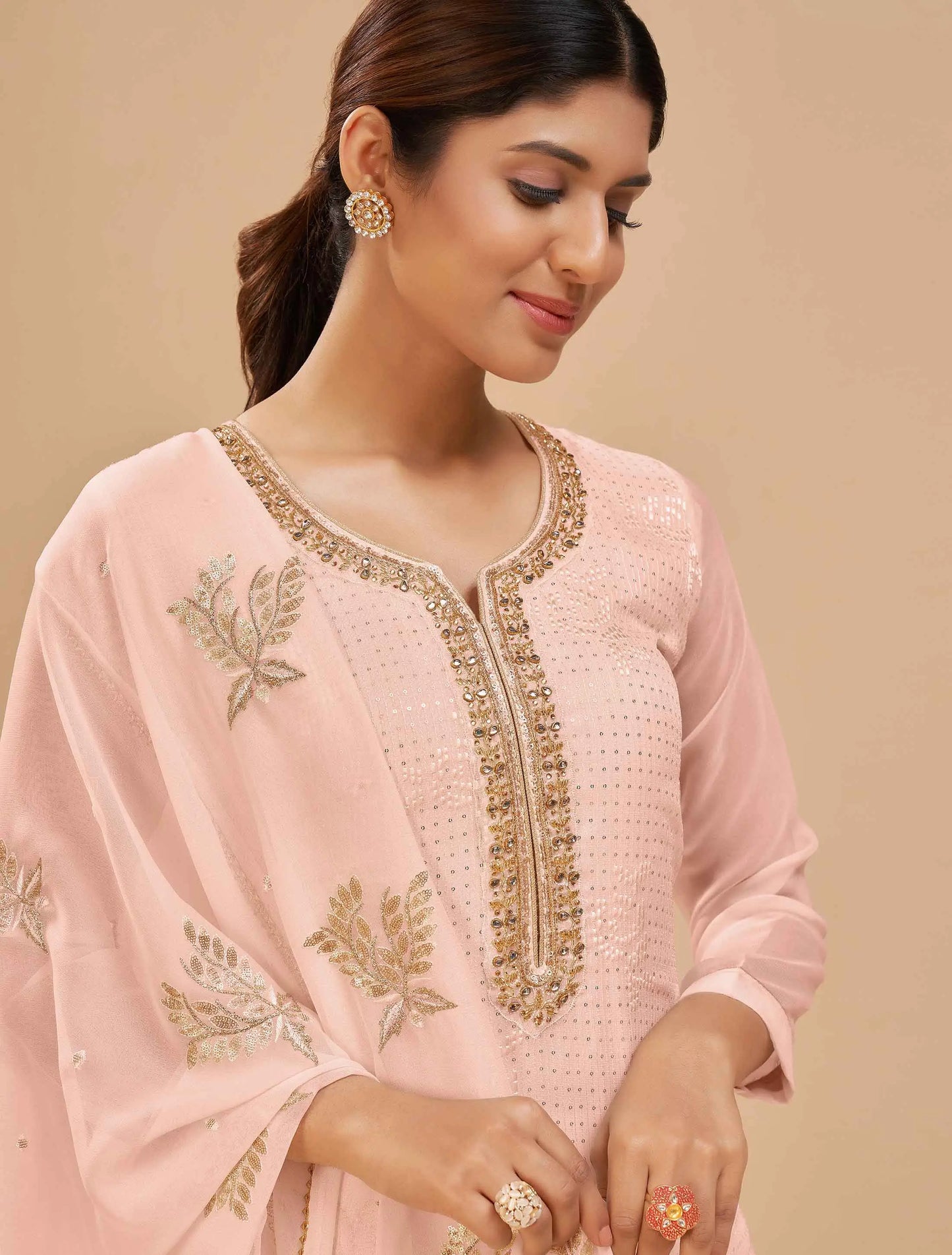 Peach Georgette Sequins Embroidery Work Salwar Suit With Dupatta