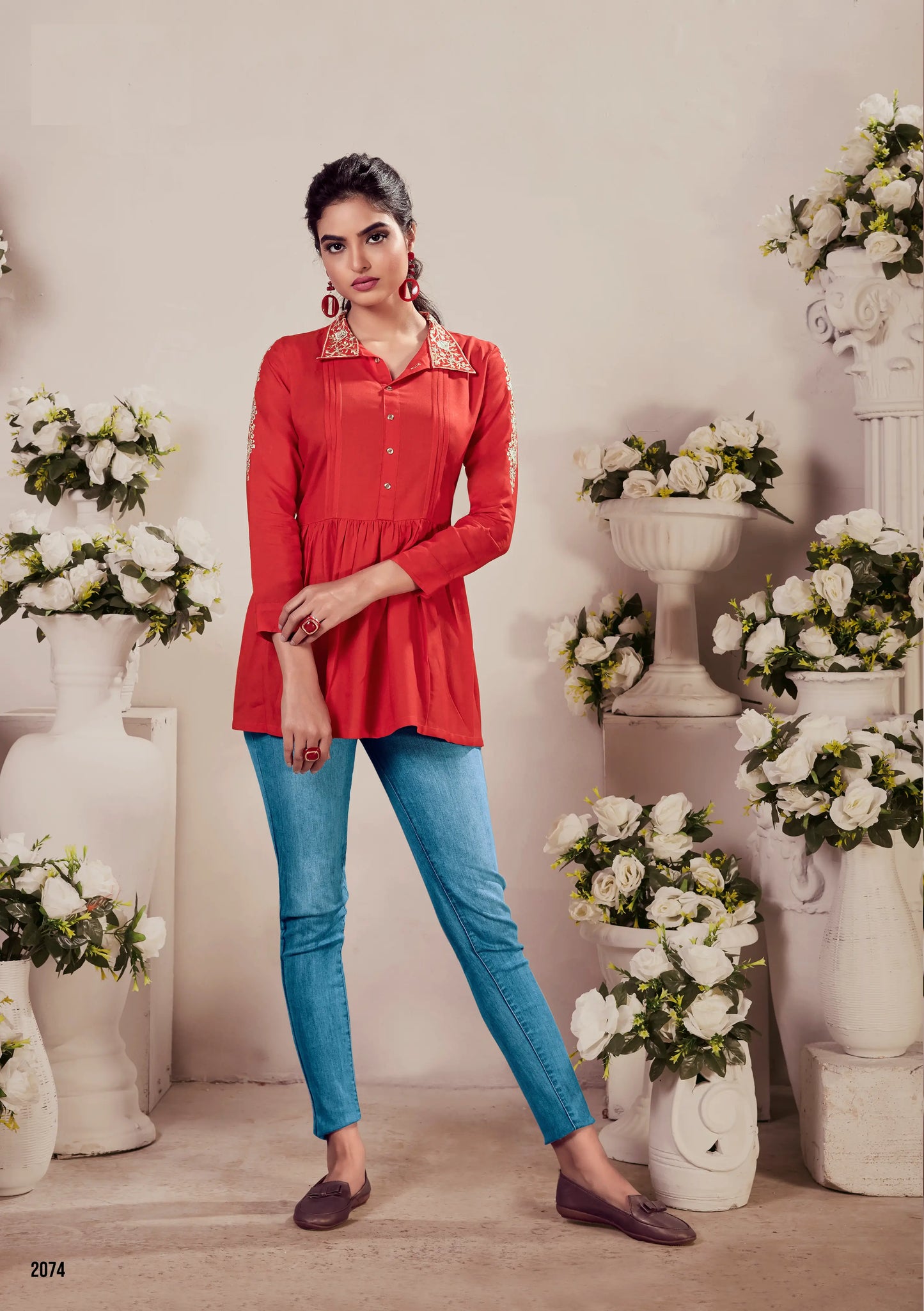 Red Rayon Straight Short Kurti