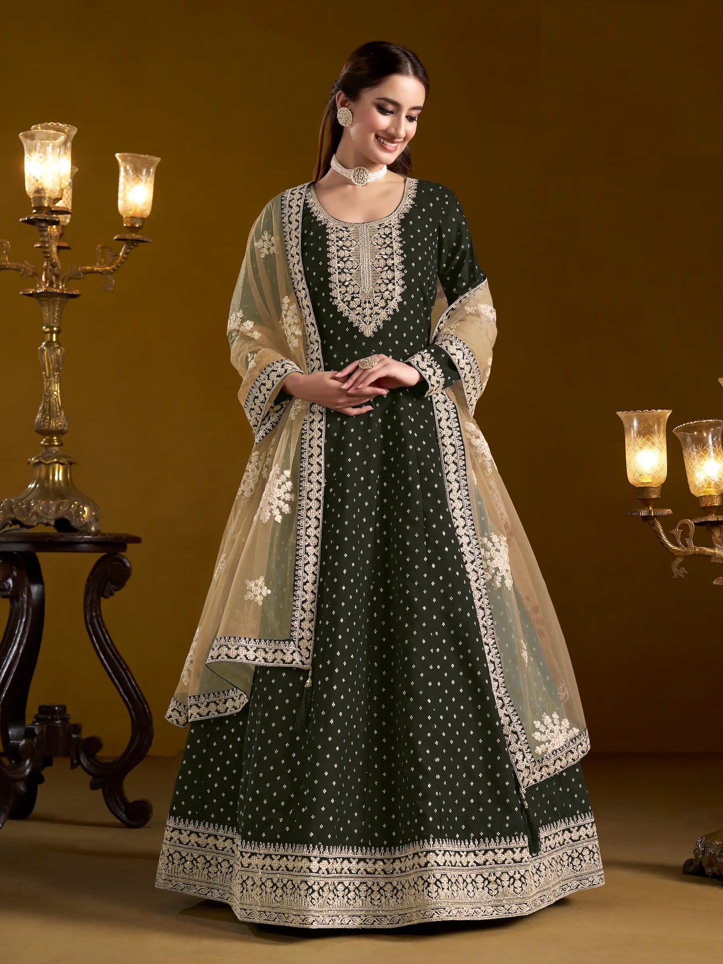 Black Chanderi Silk Gown With Zari Weaving Work,Sequence & Thread Embroidery Work