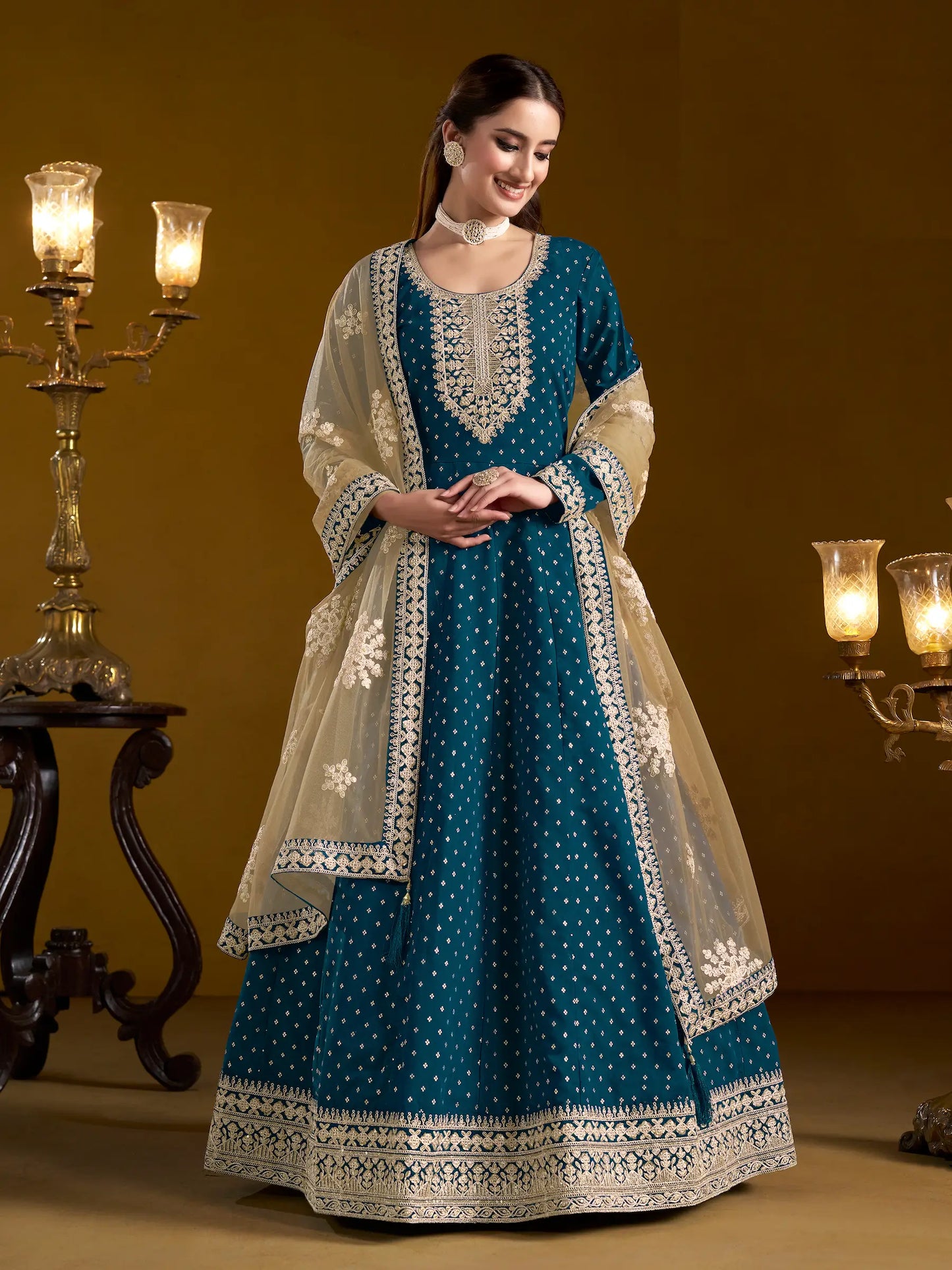 Teal Blue Chanderi Silk Gown With Zari Weaving Work,Sequence & Thread Embroidery Work