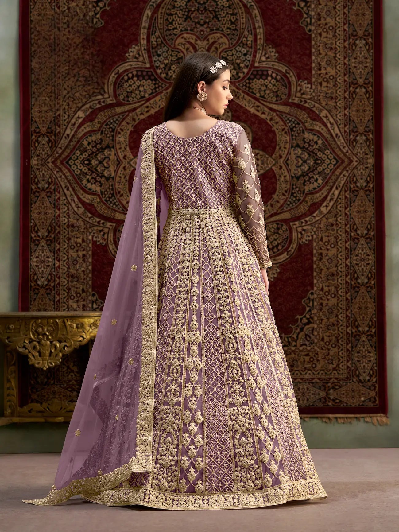 Lavender Net Gown With Sequence & Zari Embroidery Work