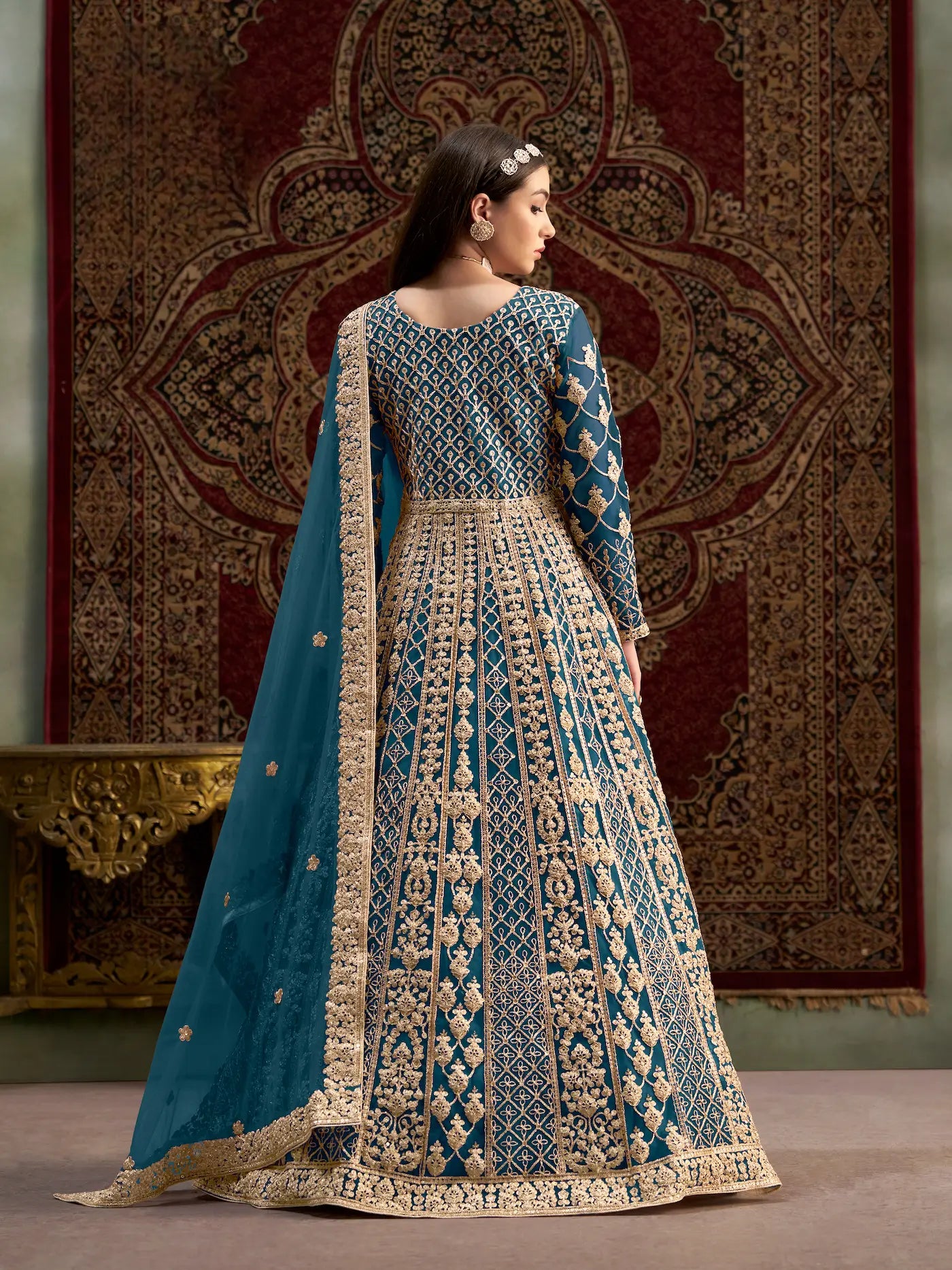 Teal Blue Net Gown With Sequence & Zari Embroidery Work