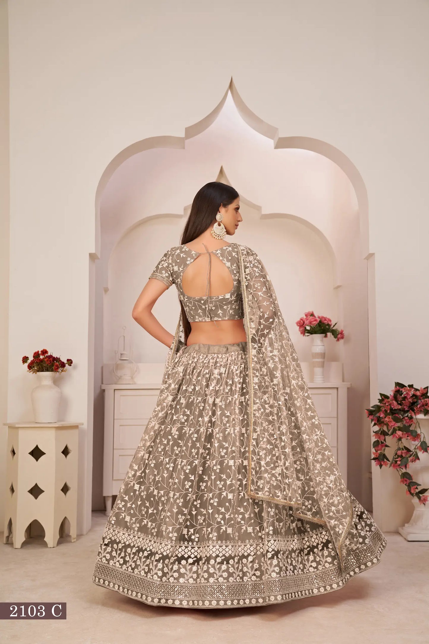 Chocolate Brown Net Lehenga Choli With White Cotton Thread Work, Zari Work & Sequence Work