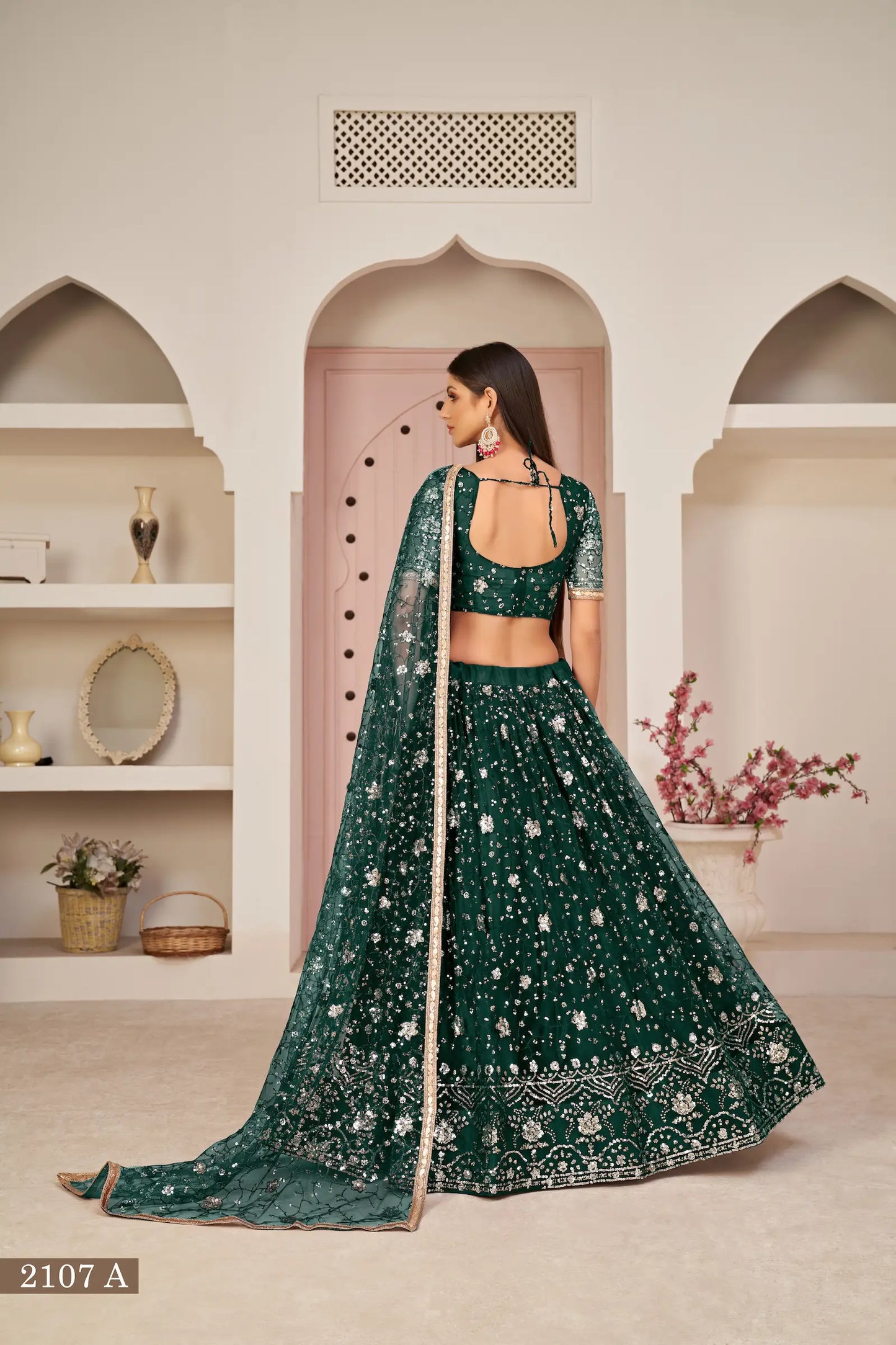 Green Net Lehenga Choli With White Cotton Thread Work, Zari Work & Sequence Work