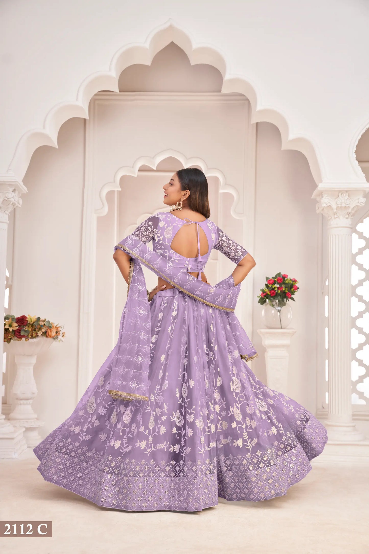 Lavender Net Lehenga Choli With White Cotton Thread Work, Zari Work & Sequence Work