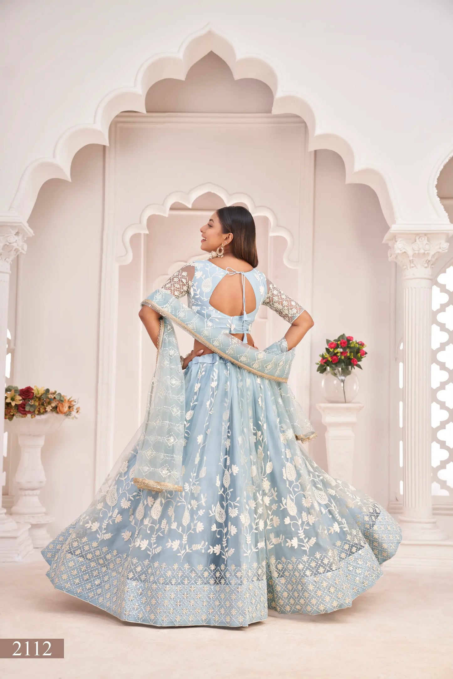 Light Sky Net Lehenga Choli With White Cotton Thread Work, Zari Work & Sequence Work