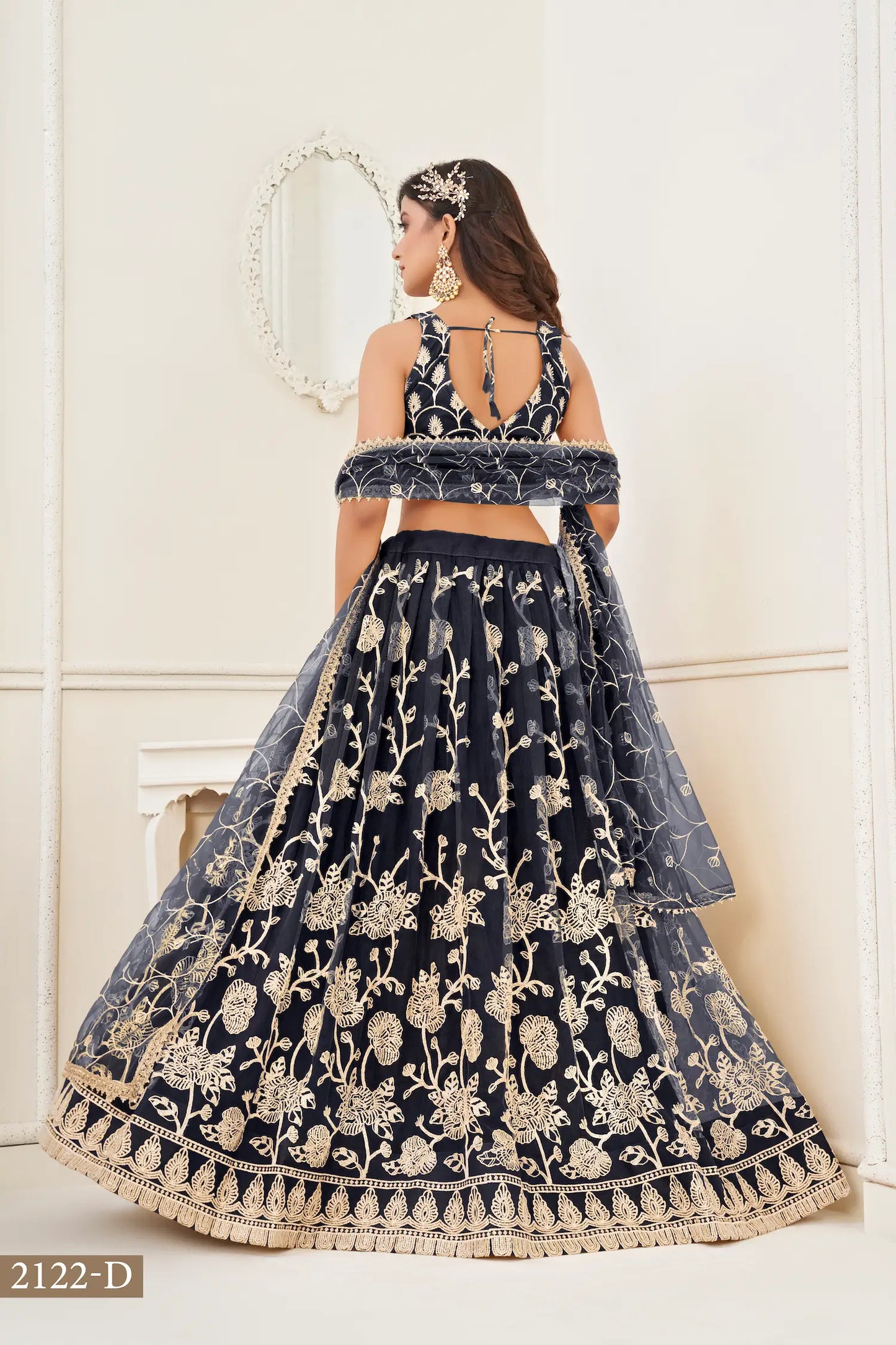 Black Net Lehenga Choli With White Cotton Thread Work, Zari Work & Sequence Work