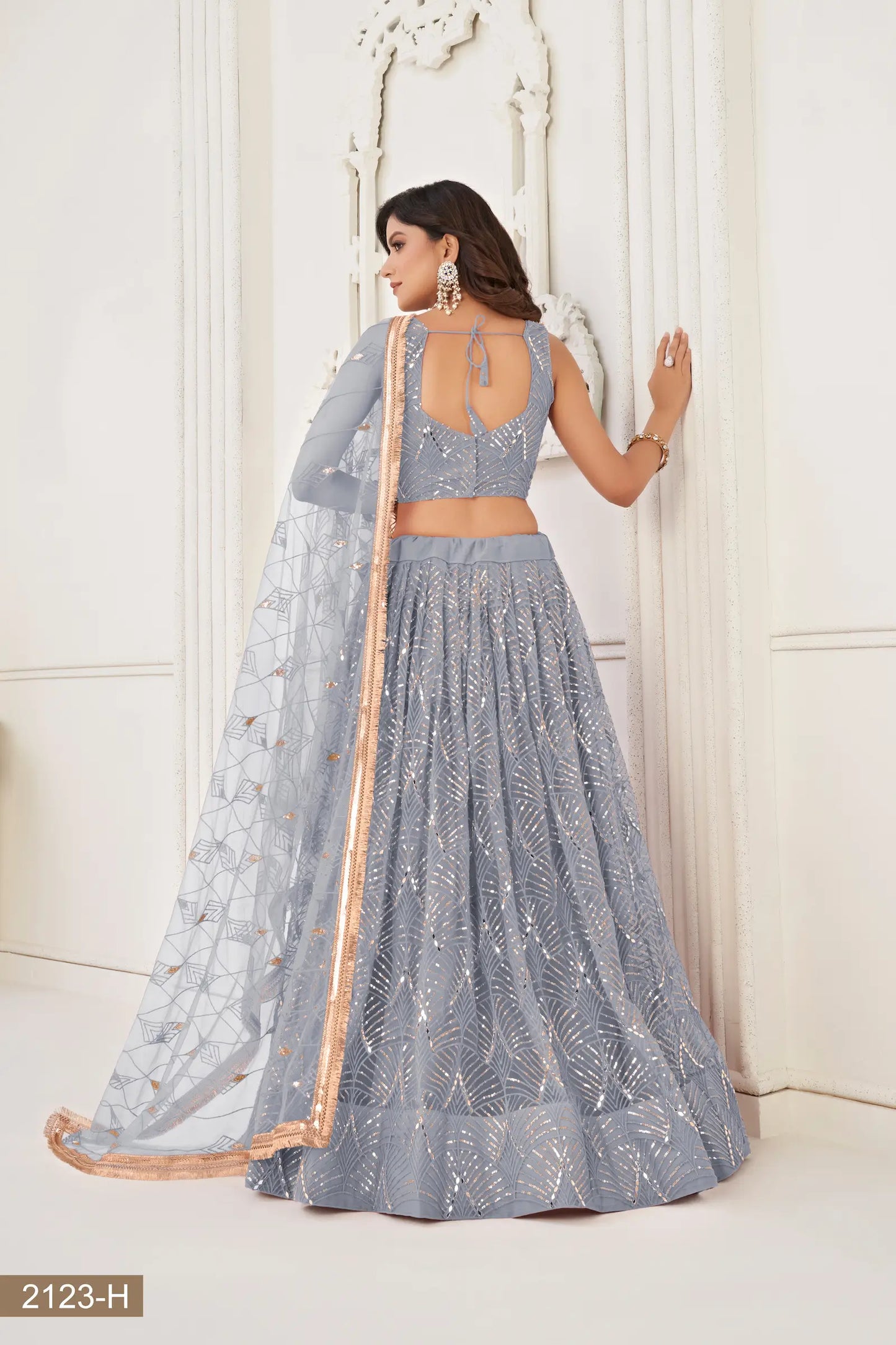 Light Grey Net Lehenga Choli With Thread Work, Mirror Work & Sequence Embroidery Work