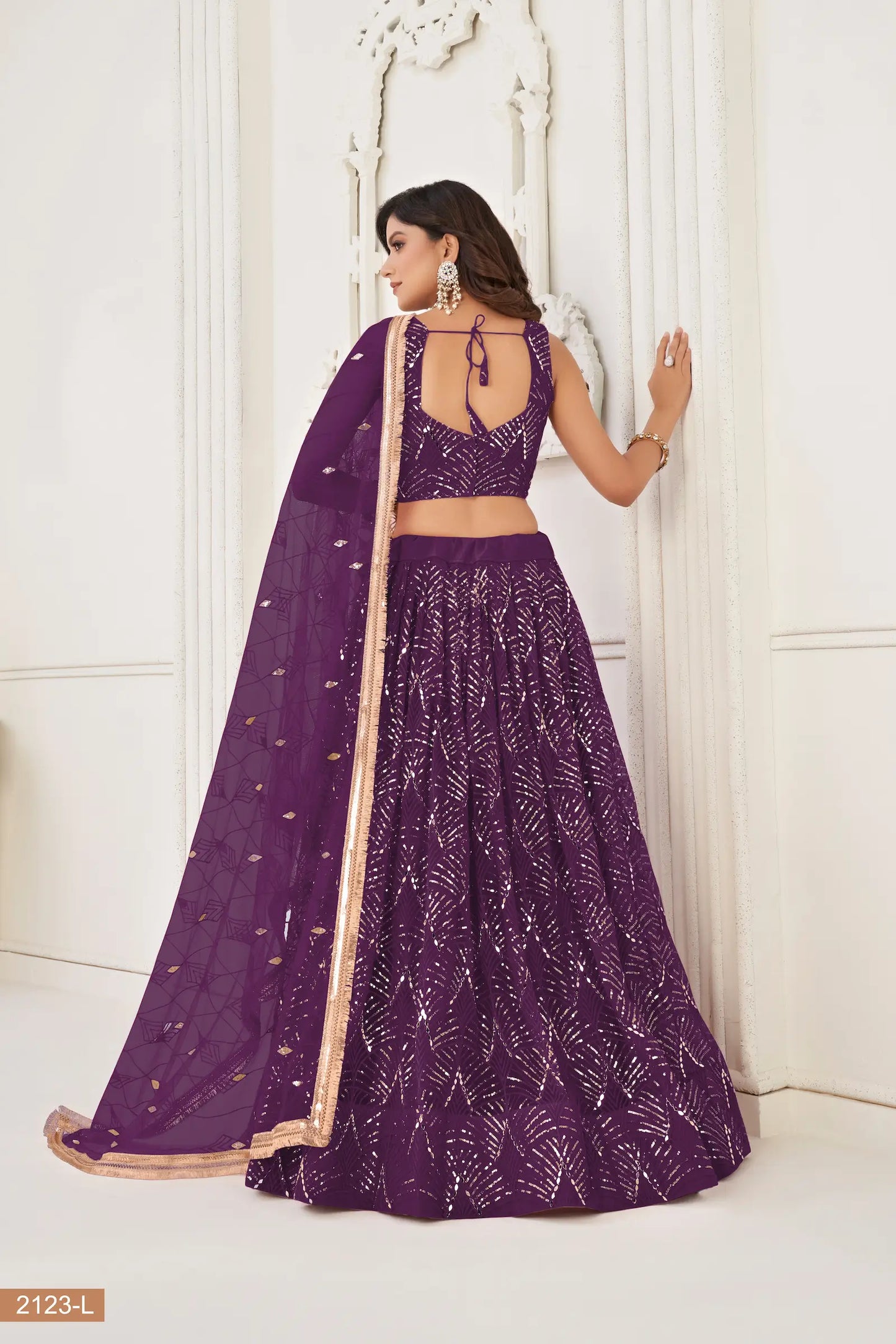 Wine Net Lehenga Choli With Thread Work, Mirror Work & Sequence Embroidery Work
