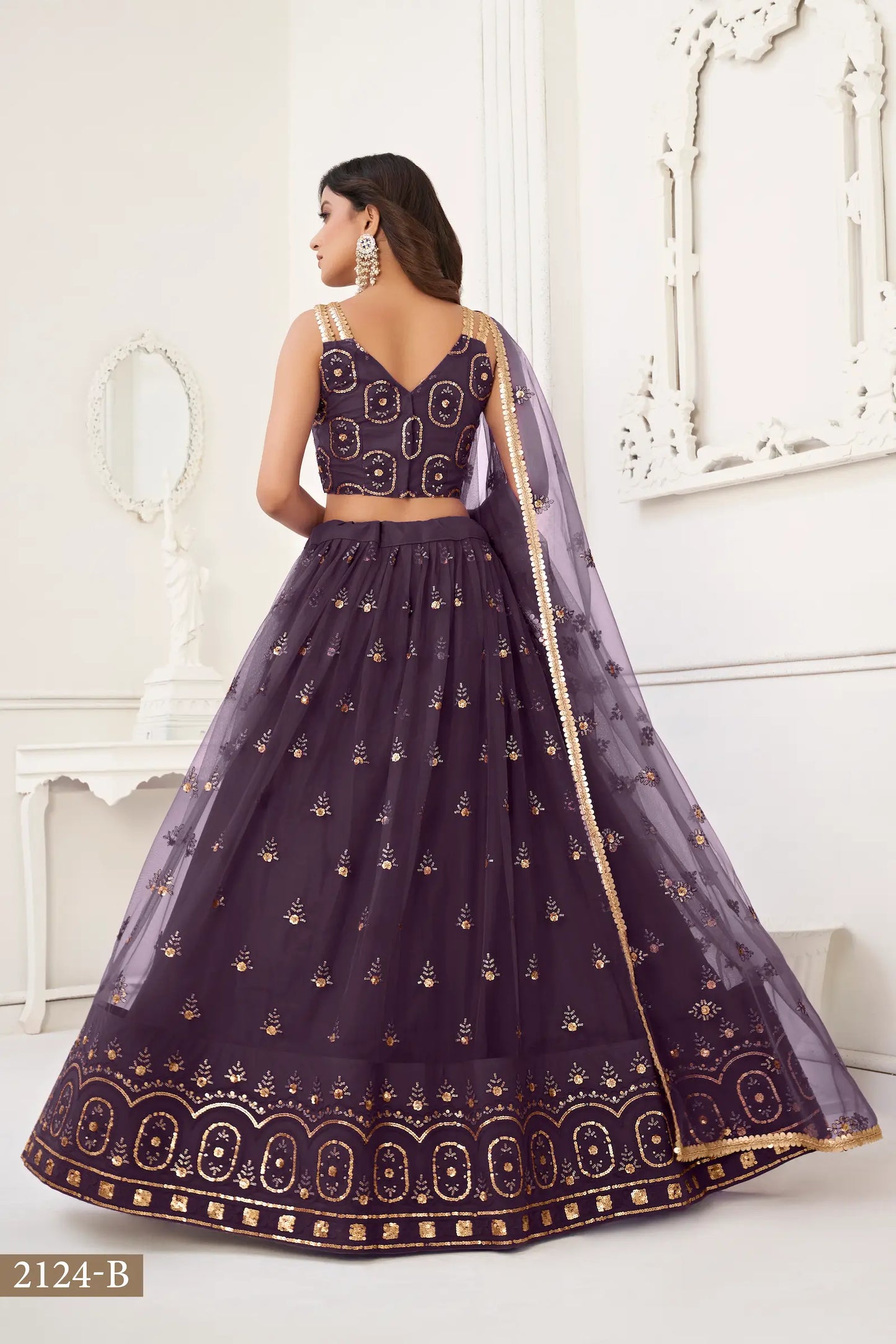 Dusty Wine Net Lehenga Choli With Thread Work & Sequence Work