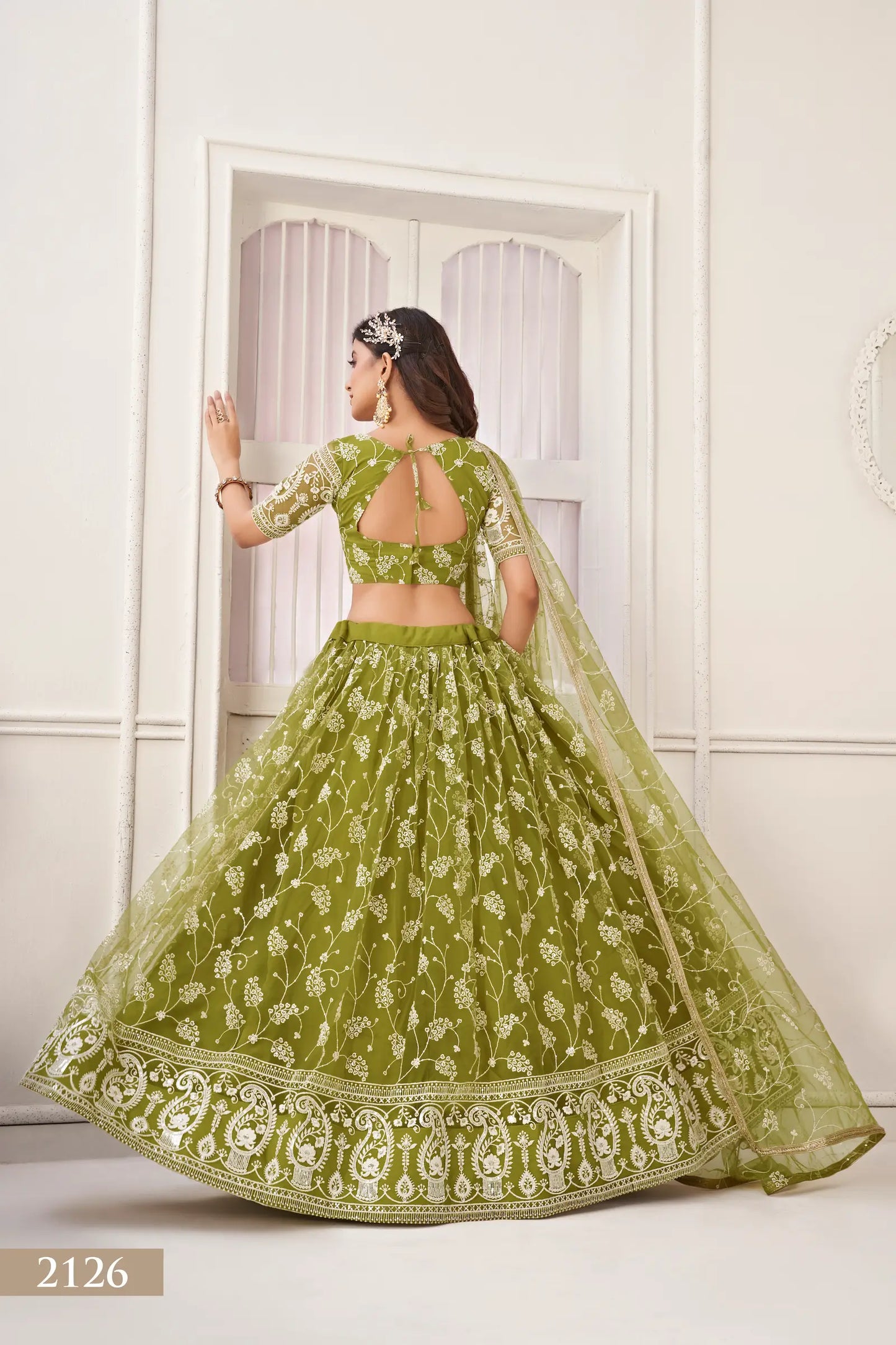 Olive Green Net Lehenga Choli With White Cotton Thread Work, Zari Work & Sequence Work