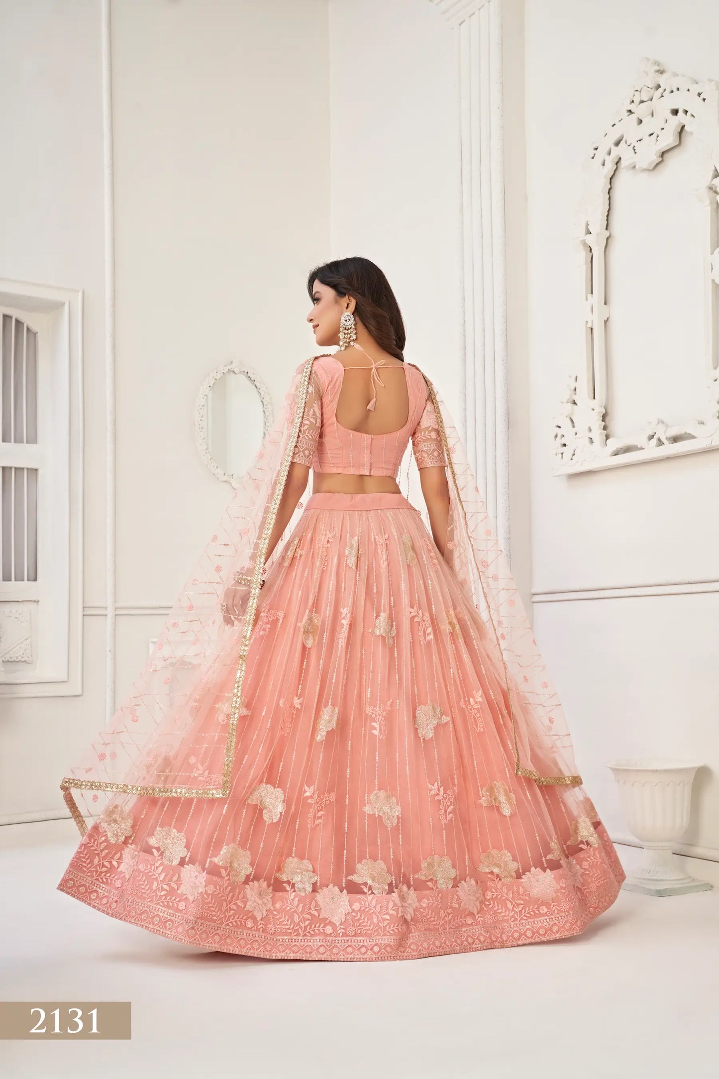 Peach Net Lehenga Choli With Cotton Thread Work & Sequence Embroidery Work